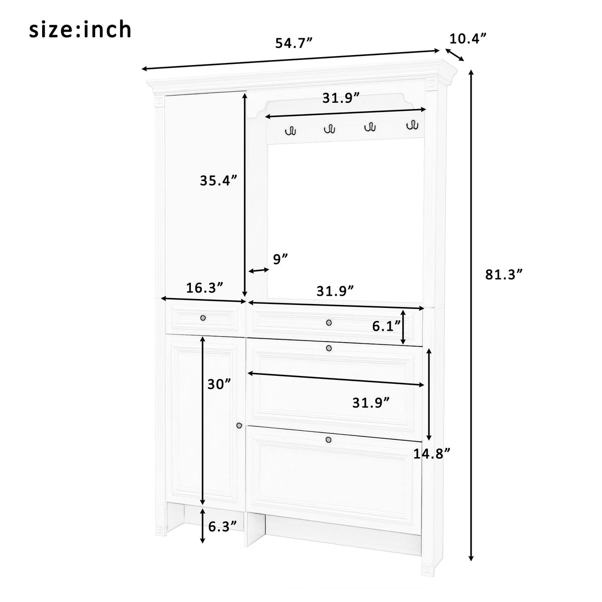 Hall Tree With Integrated Shoe Cabinet and Mirrored Door