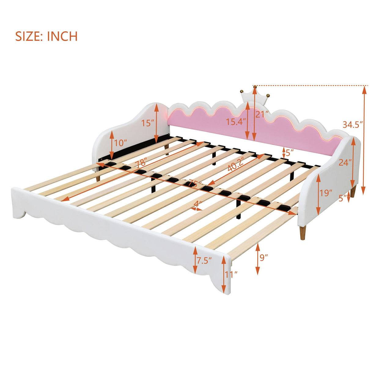 Extending Daybed With LED Lights, Modern Upholstered Princess Daybed With Crown Headboard