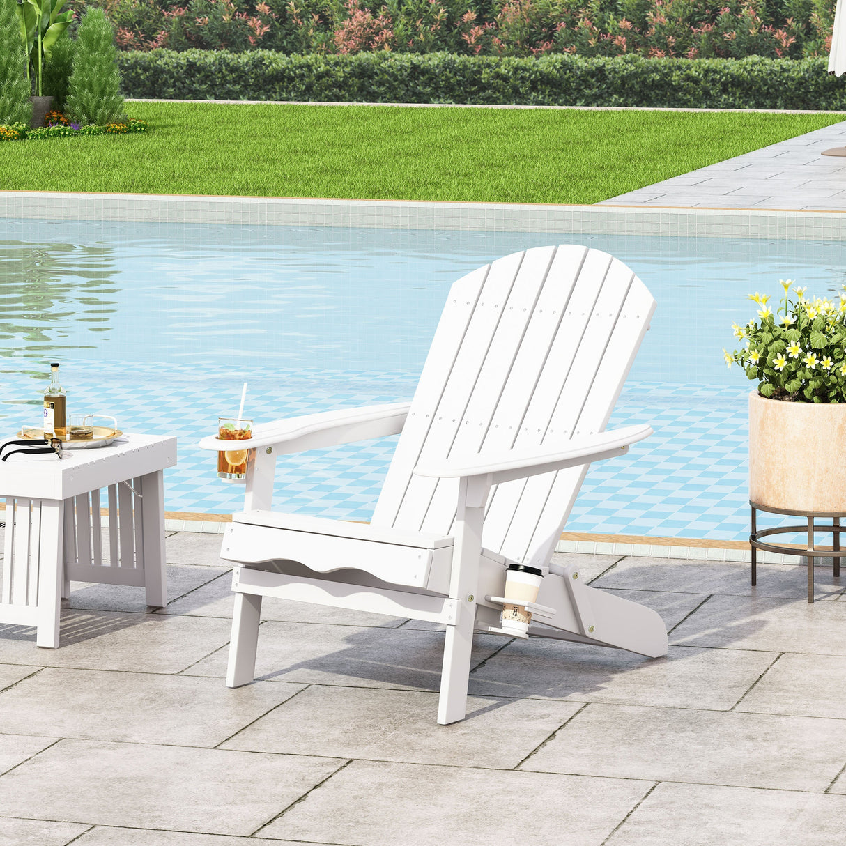 Zenithia Outdoor Foldable Adirondack Chair with 2 Cup Holders, White