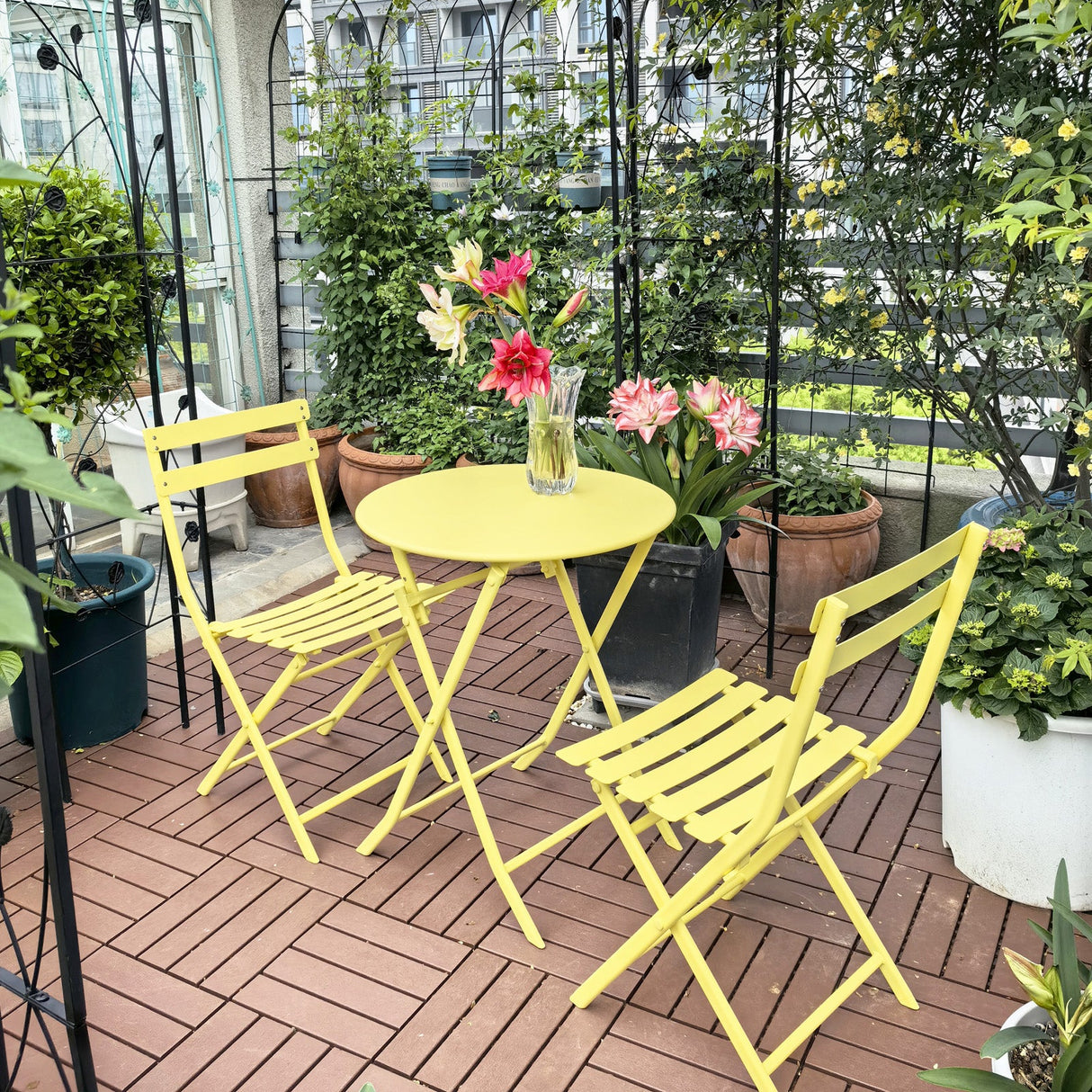 3 Piece Patio Bistro Set of Foldable Round Table and Chairs