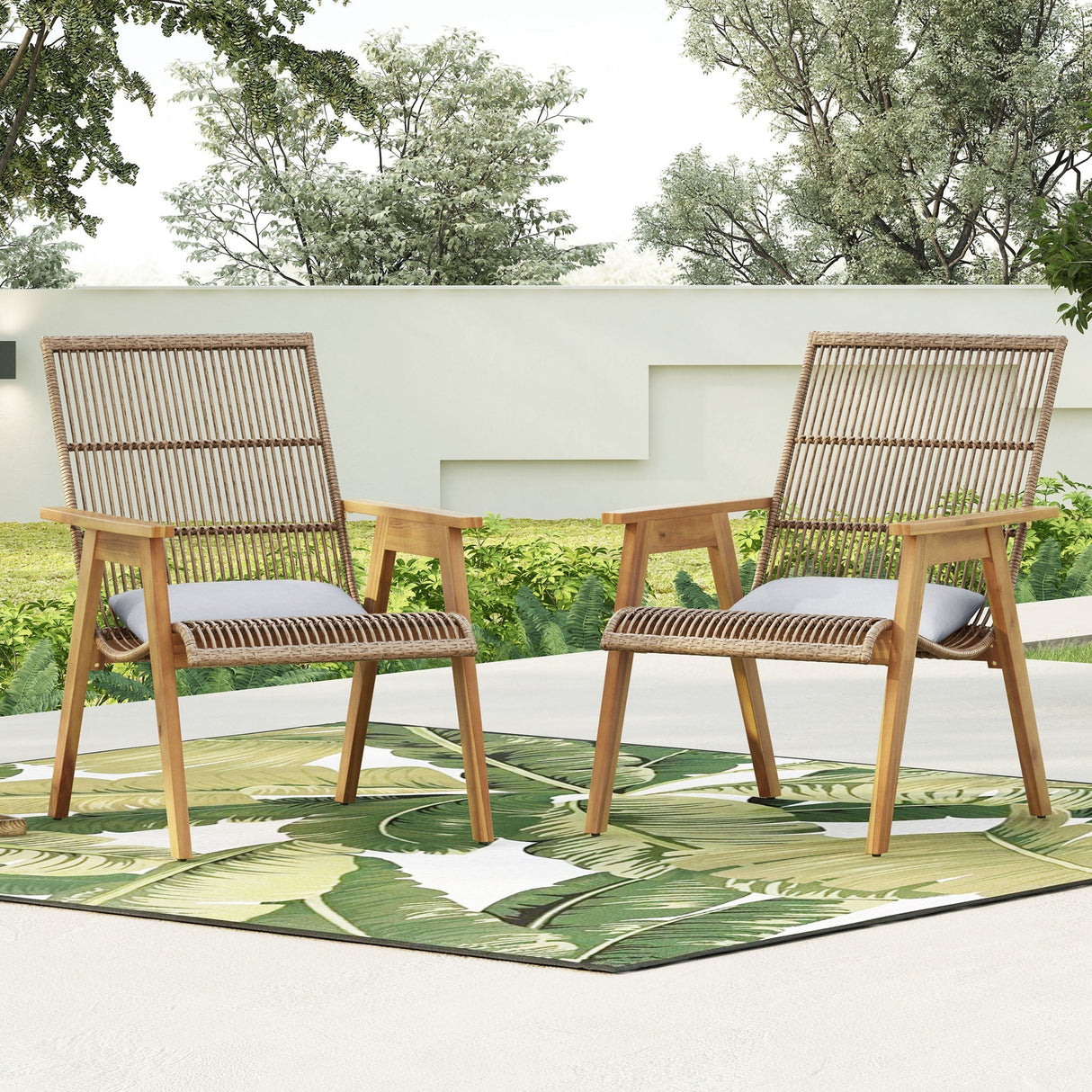 Acacia Wood Cape Woven Wicker Large Lounge Chair With Pillow (Set of 2)