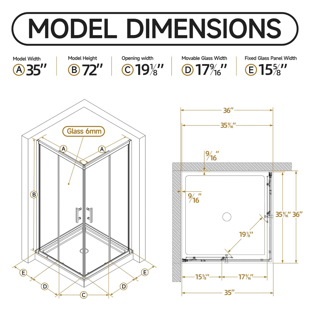 36" D x 36" W x 72" H Corner Shower Enclosure