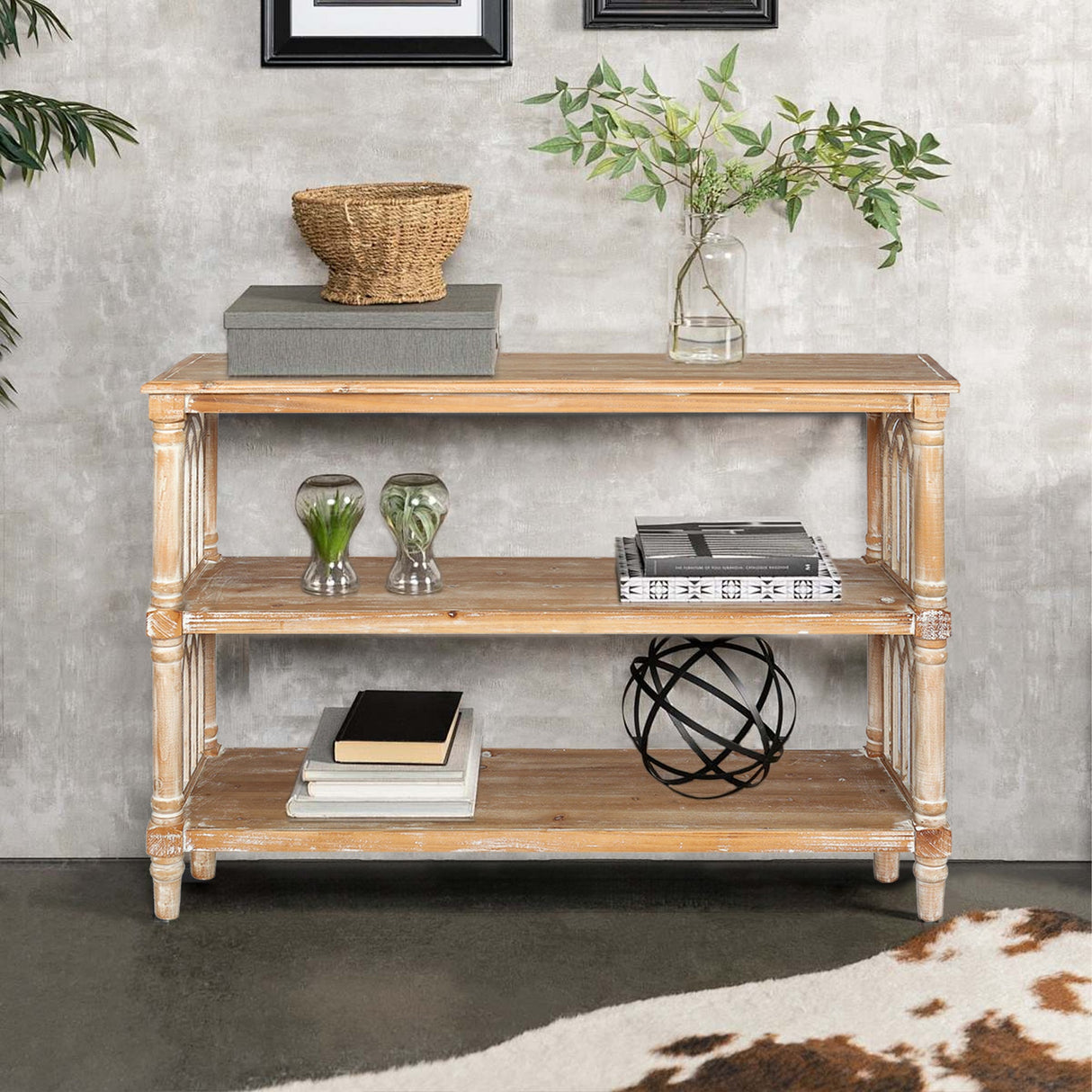 Rustic 3-Tier Console Table with Gothic-Inspired Details