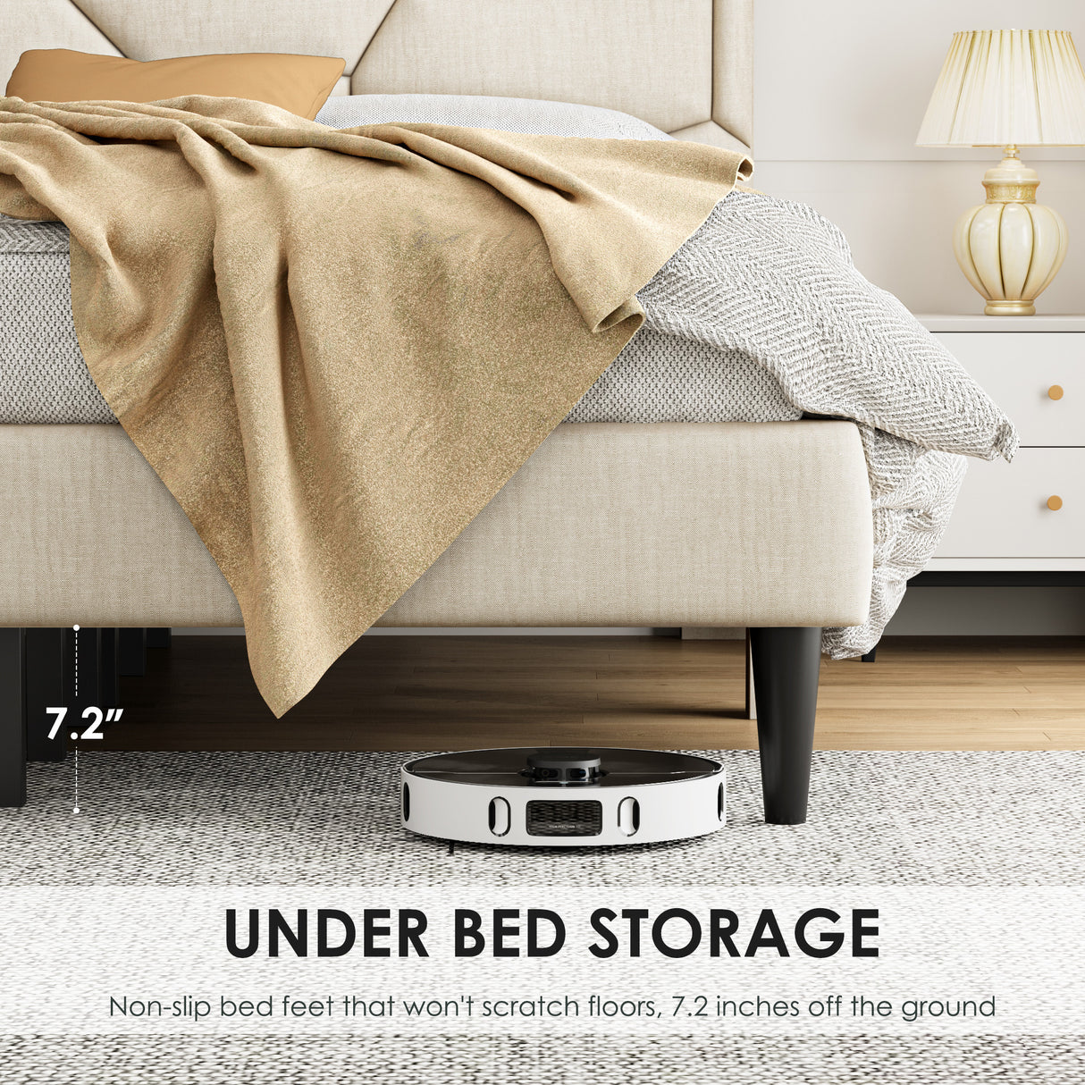 Queen Bed Frame with Linen Storage Headboard in Beige