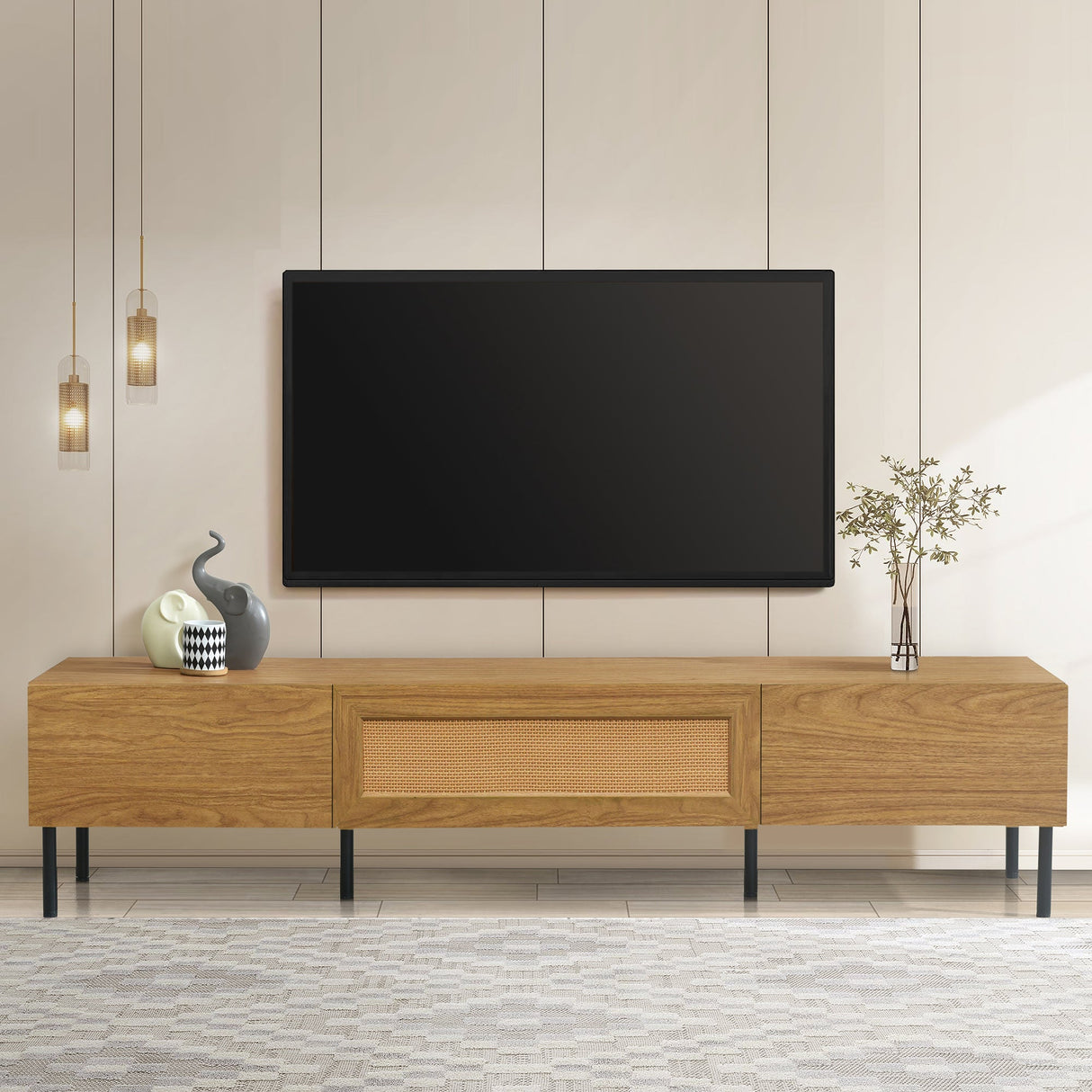Boho TV Stand for TVs Up to 80" with Rattan Decoration and Metal Legs