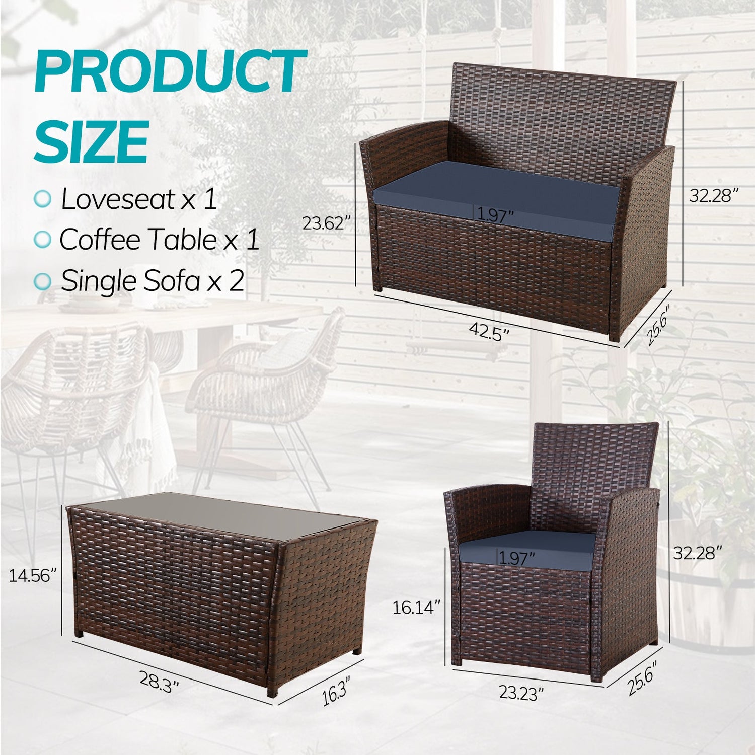 4 Piece All-Weather Rattan Outdoor Sectional Set with Cushions