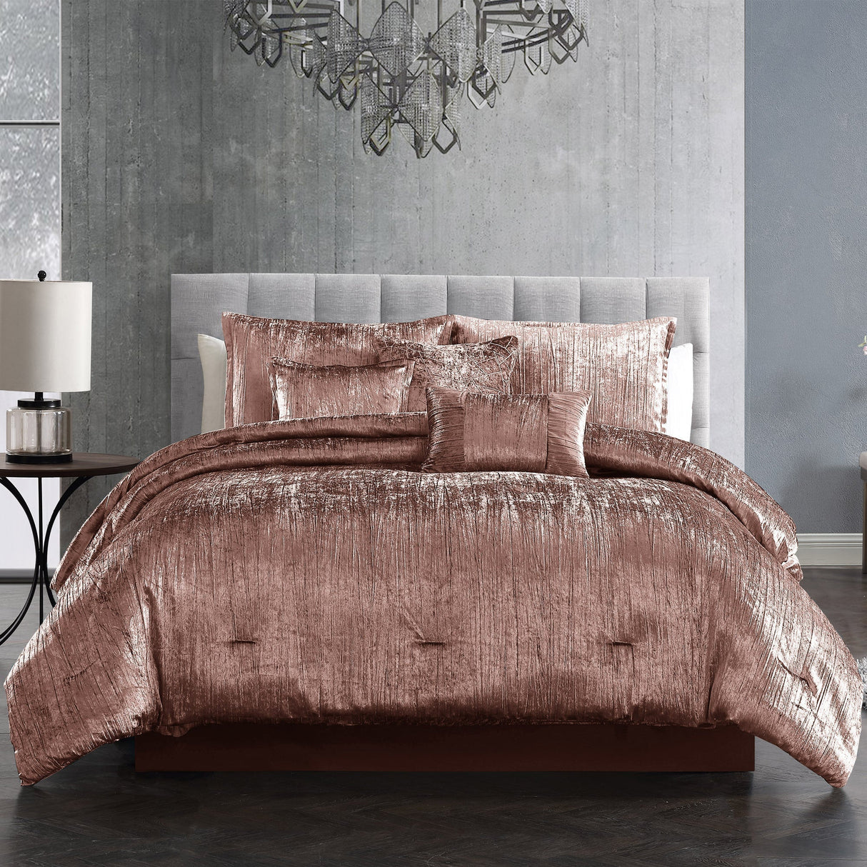 Blush Crinkle Velvet 7Pc Bedding Ensemble