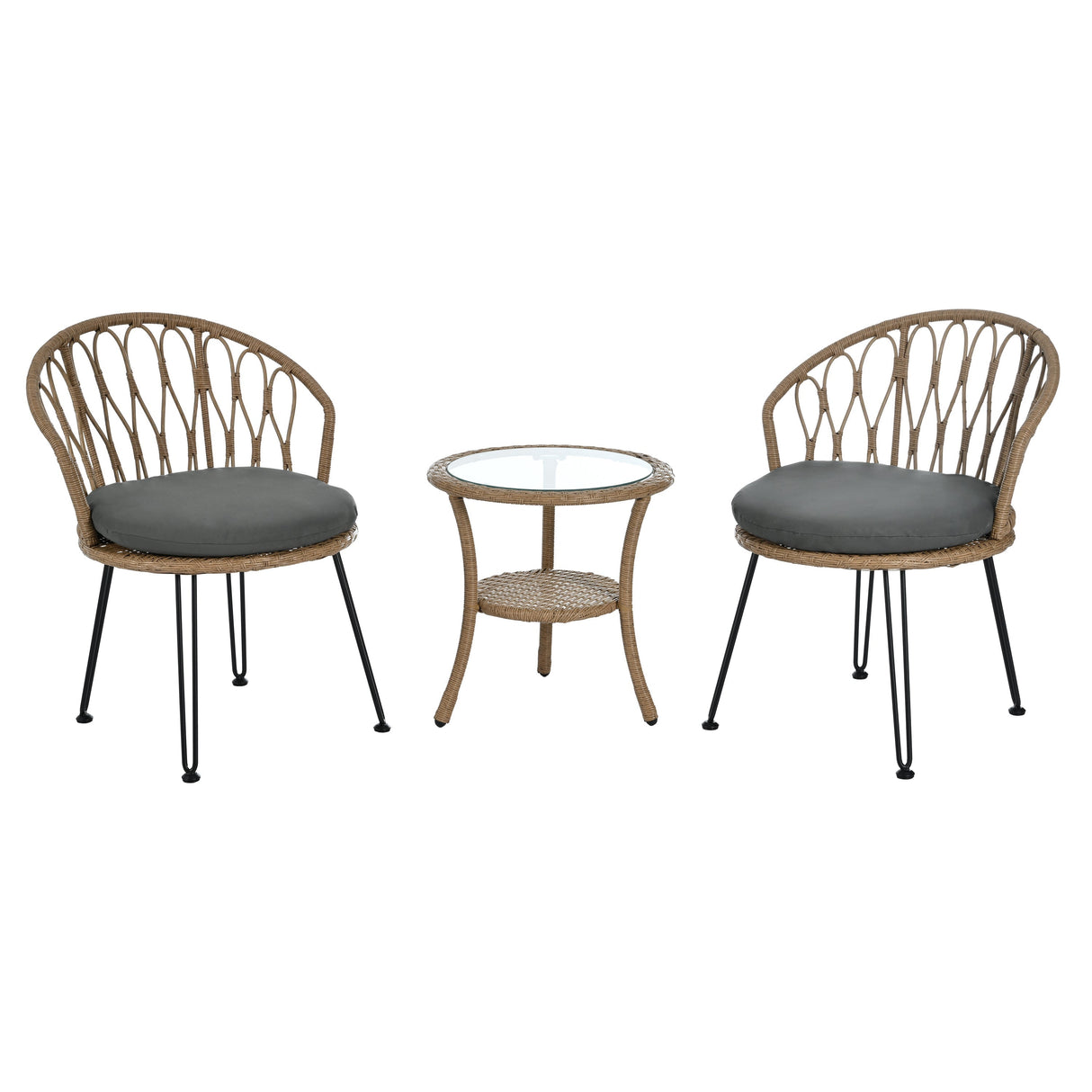 U_STYLE Outdoor Leisure Set with 2 Rattan Chairs & Glass Table