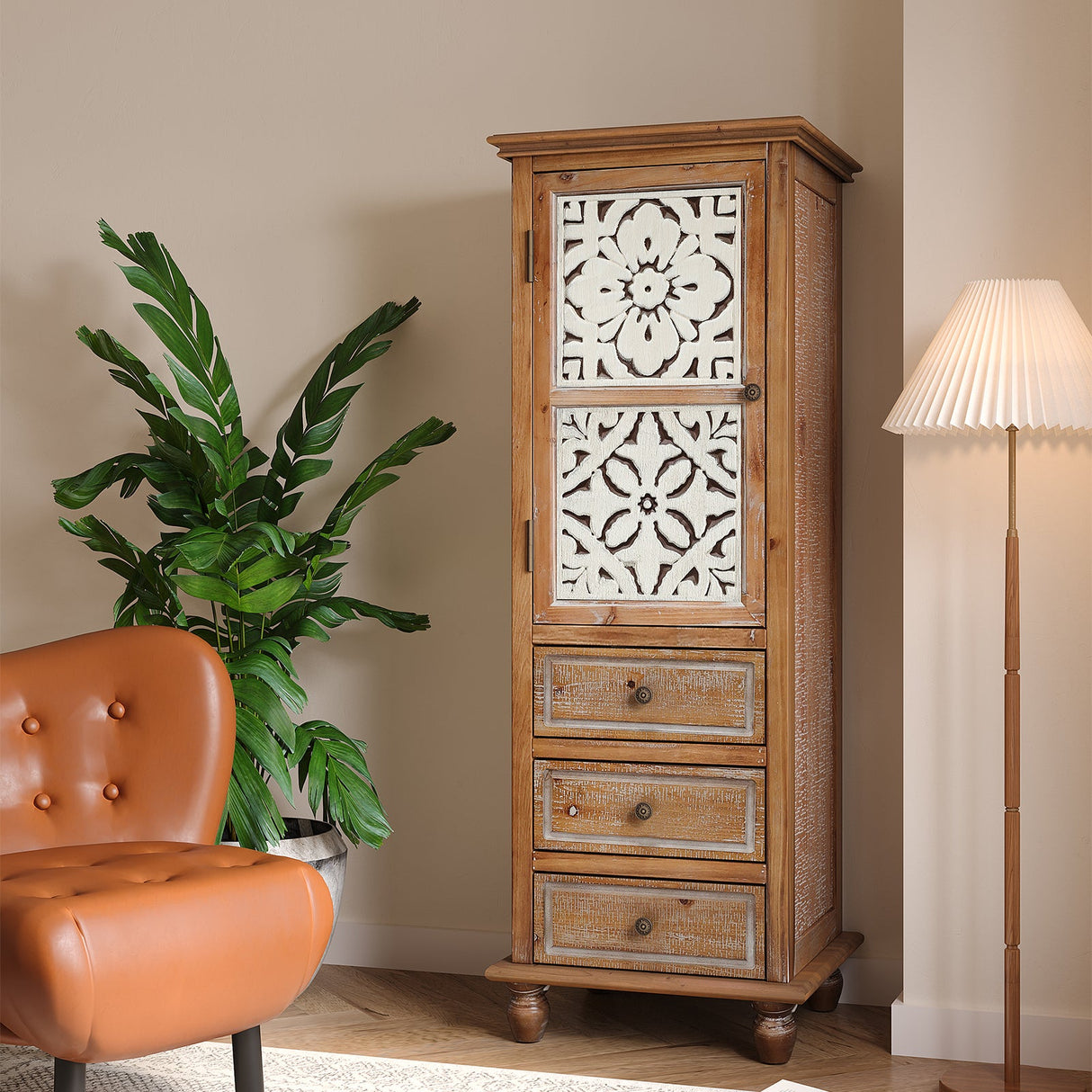 Rustic Wooden Storage Cabinet with Decorative Cutout Door & 3 Drawers