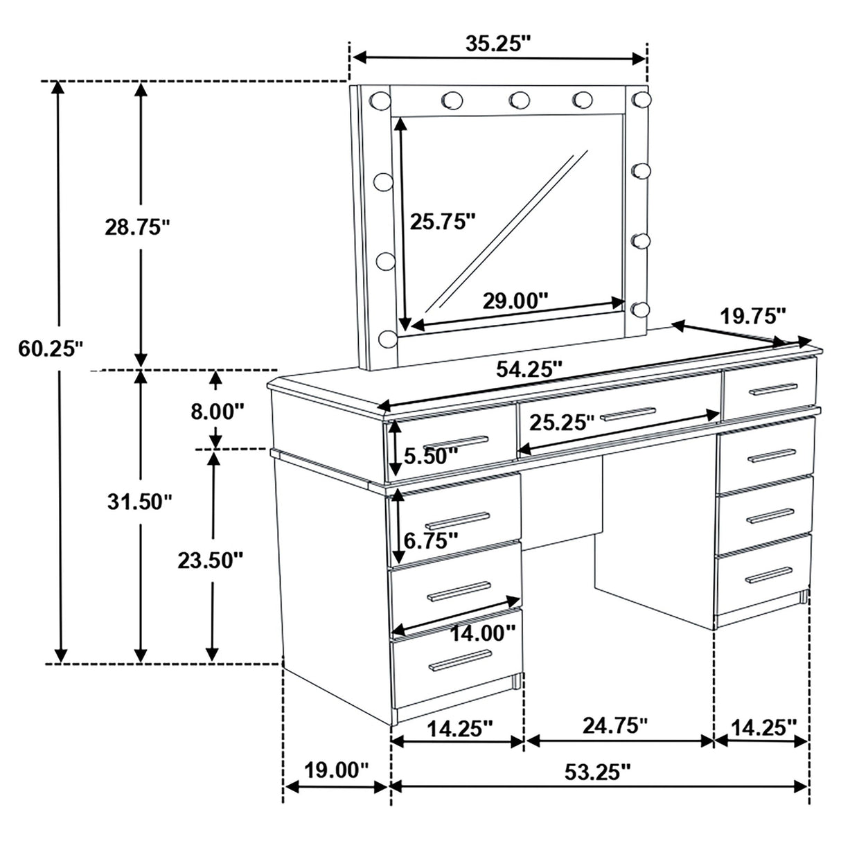 Sarah - 9 Drawer Vanity Desk With Mirror Set - White