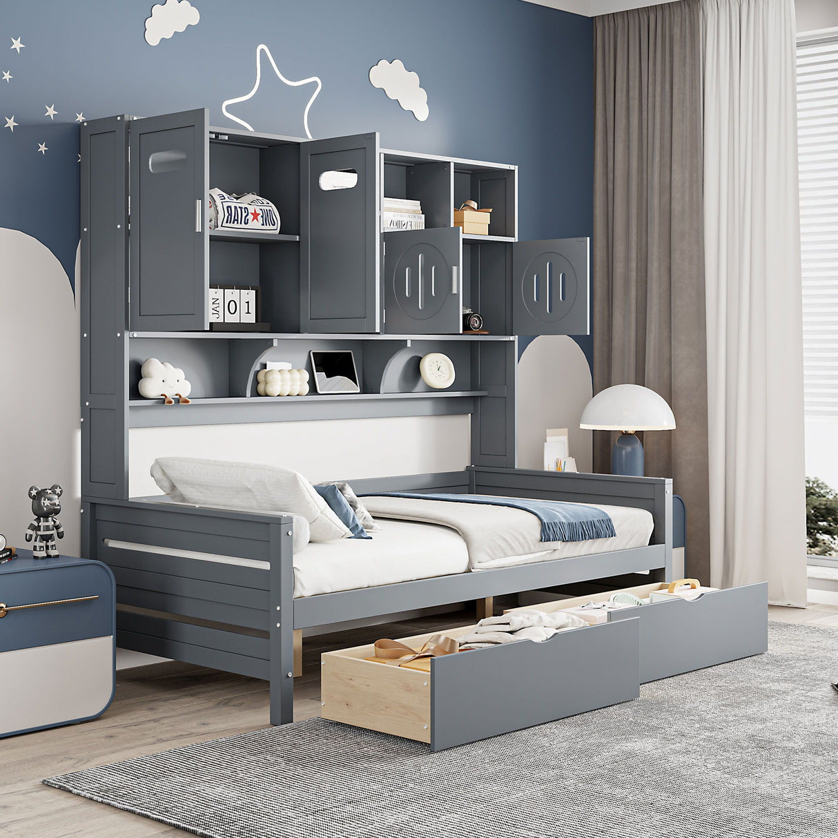 Daybed With All-In-One Cabinet And Shelf