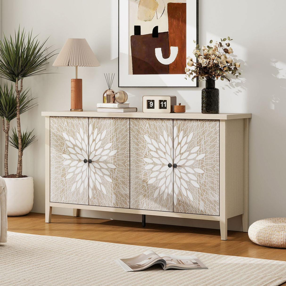 Modern Storage Cabinet With 4 Doors & Adjustable Shelves