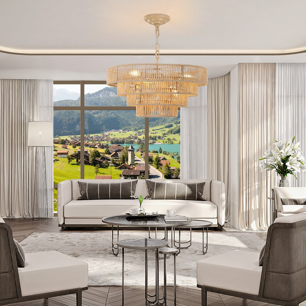 20' Modern 4-Layer Woven Hemp Rope Chandelier