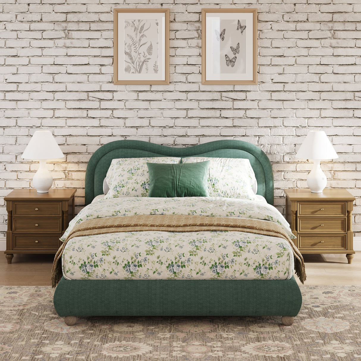 Queen Size Upholstered Platform Bed Frame with Rounded Corners Curved Headboard