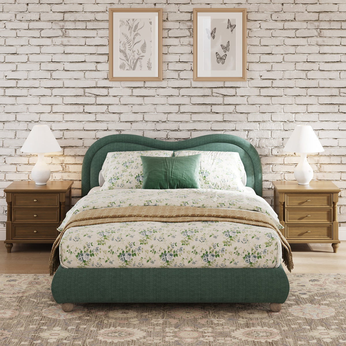 Queen Size Upholstered Platform Bed Frame with Rounded Corners Curved Headboard