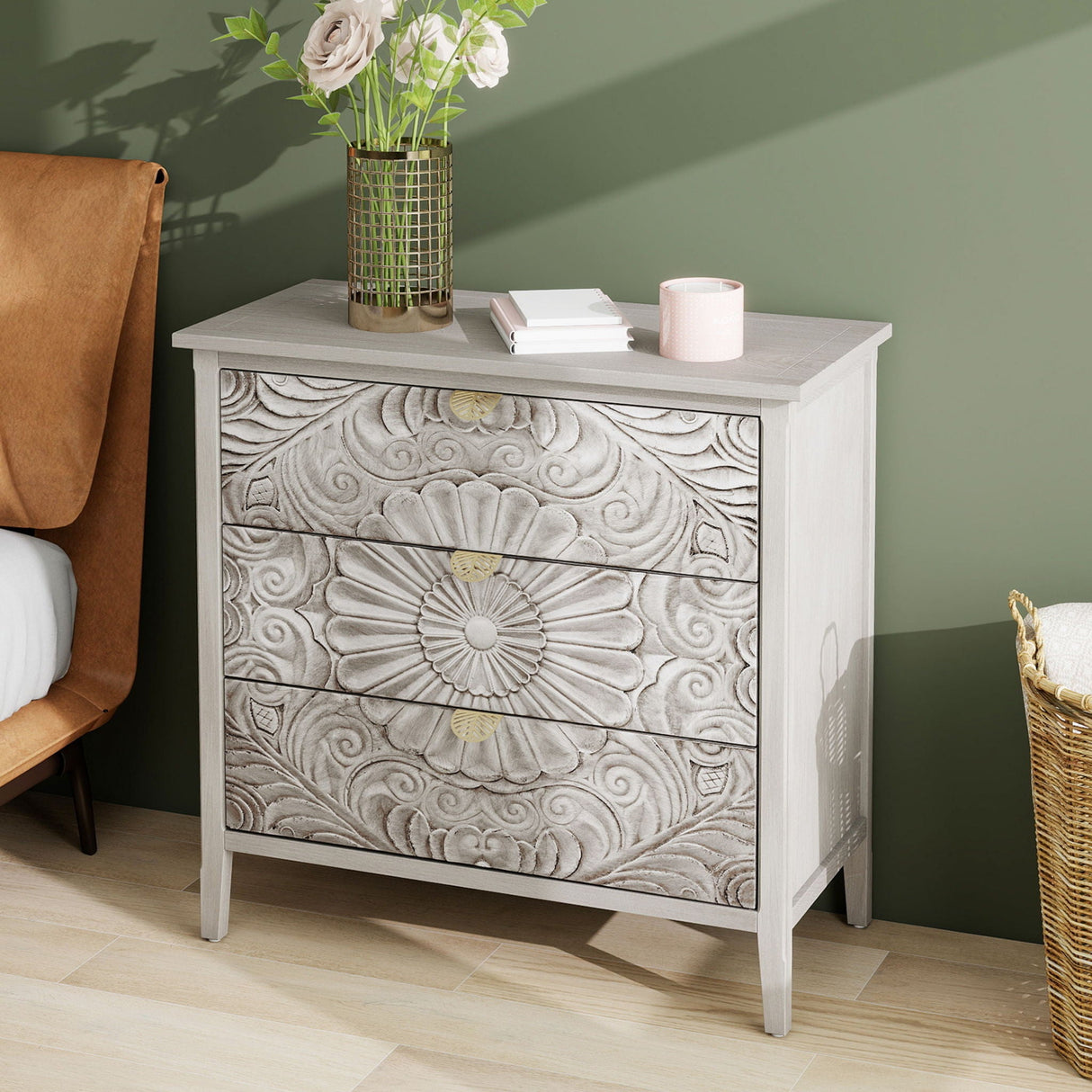 3 Drawer Cabinet, American Furniture, Suitable For Bedroom, Living Room - Light Gray