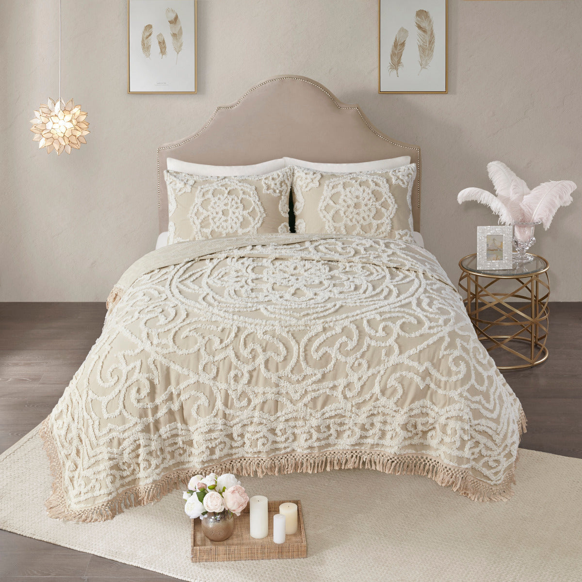 Tufted Cotton Chenille Medallion Fringe Coverlet Mini Set Taupe Full/Queen