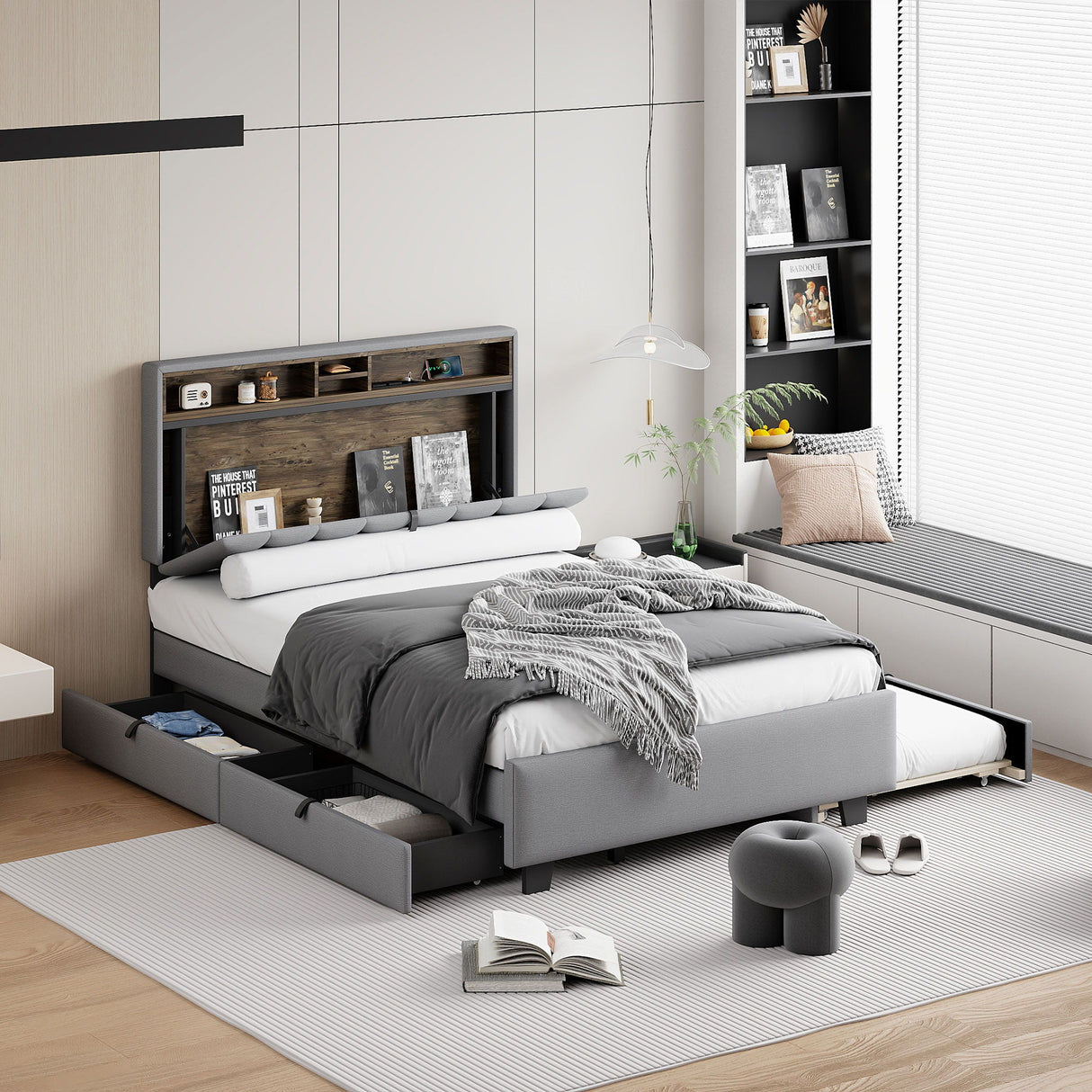 Upholstered Platform Bed With Storage Headboard, Trundle & 2 Drawers And A Set Of Sockets & USB Ports