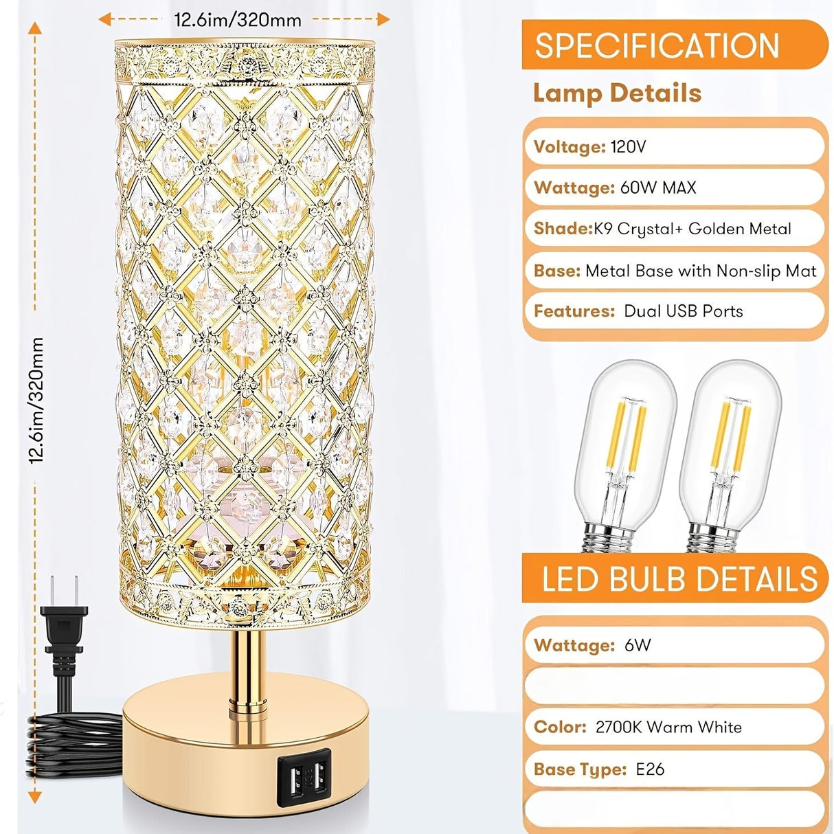Set of 2 Crystal Table Lamps – Touch Control USB Bedside Lights, 3-Way Dimmable