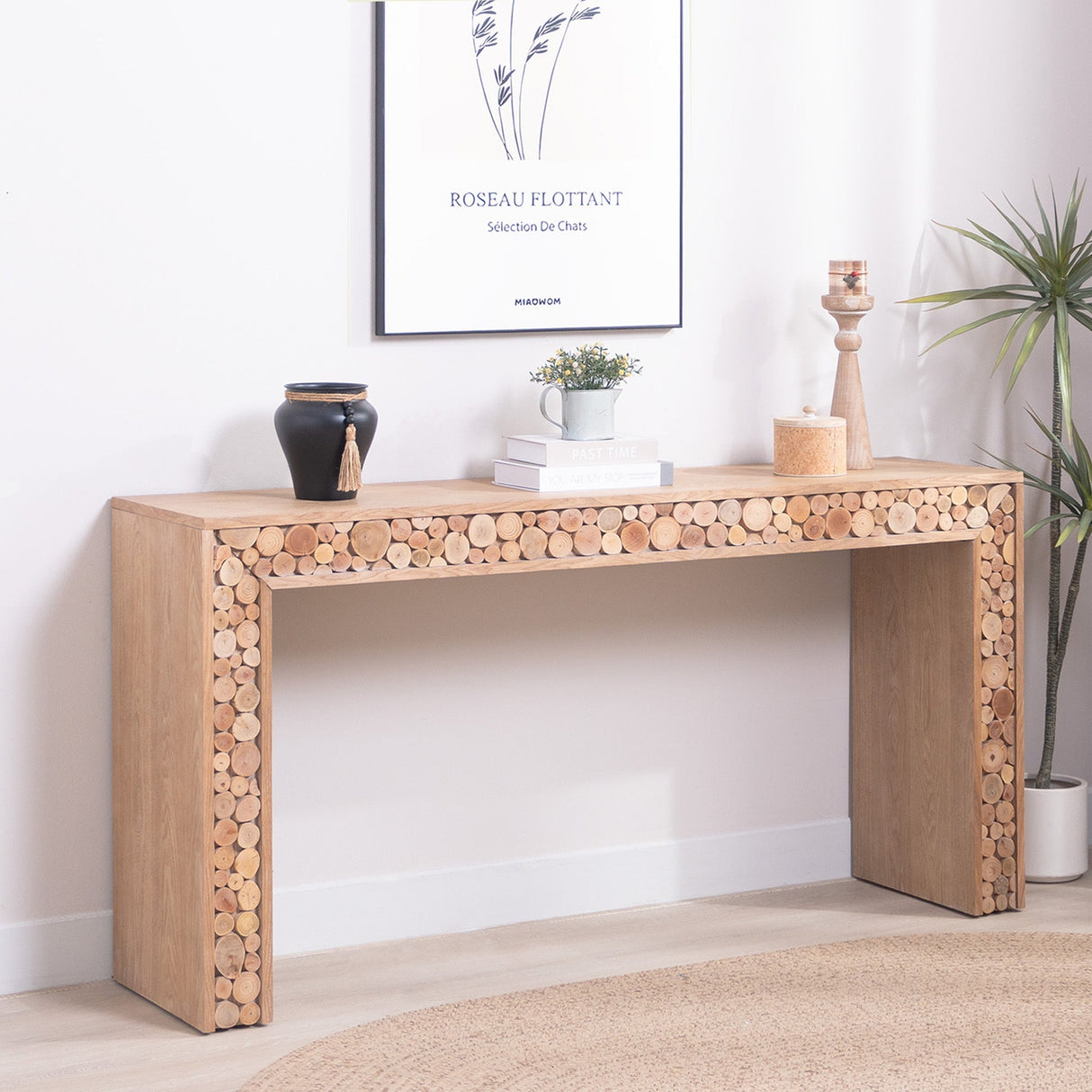 Rustic Wood Console Table with Natural Log Accents – 62 Entryway Table, Narrow Sofa Table, Hallway Accent Table – Modern Farmhouse Style