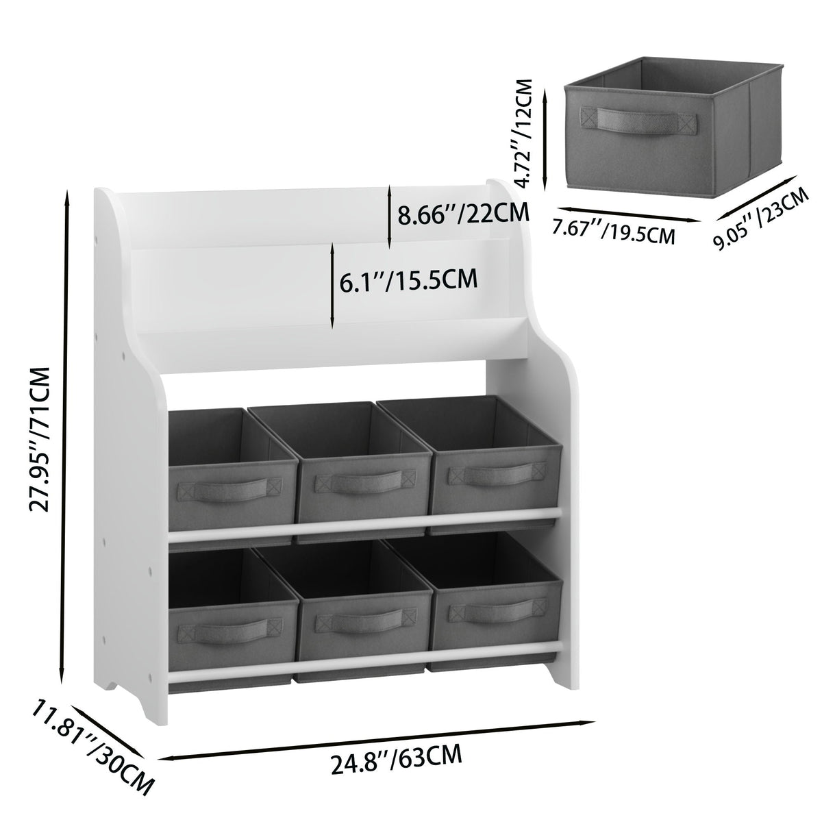 Children's Bookcase with 6 Storage Bins - Multi Functional Organizer - White