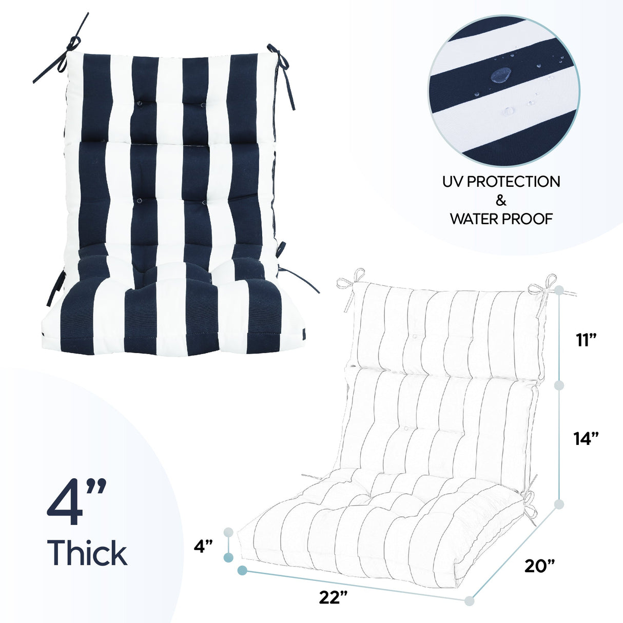2-Piece High Back Chair Cushion Set, Navy Blue/White