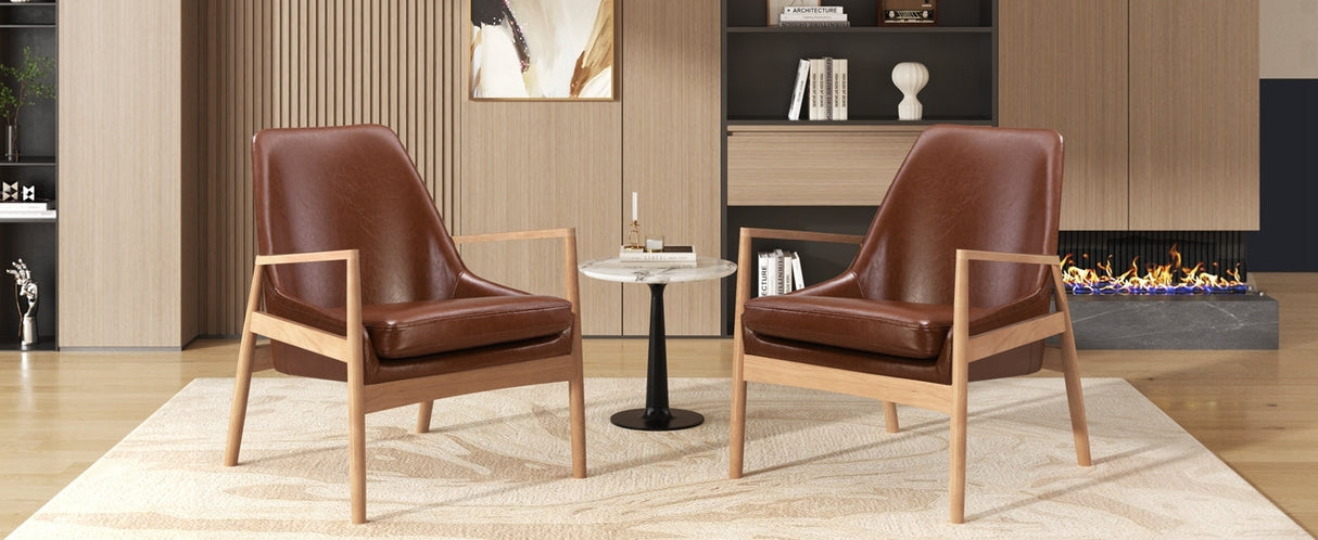 U-Can PU Leather Accent Chair Set of 2 Mid-Century Modern Armchair with Solid Wood Frame
