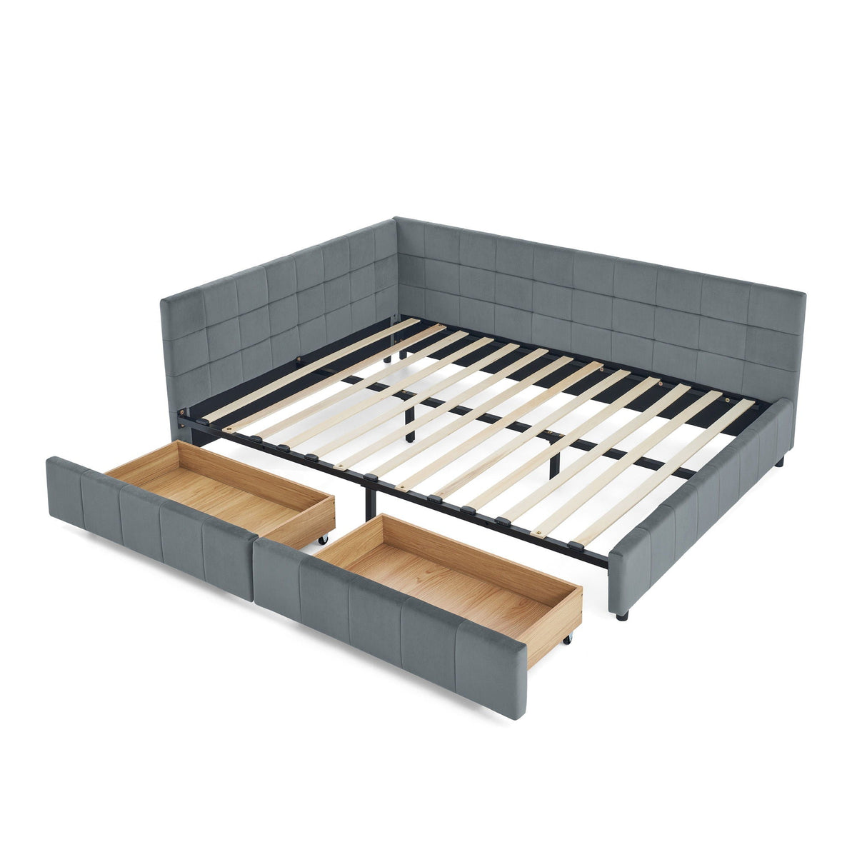 Mid-Century Storage Upholstered Tufted Bed Frame With Backrest And Armrests