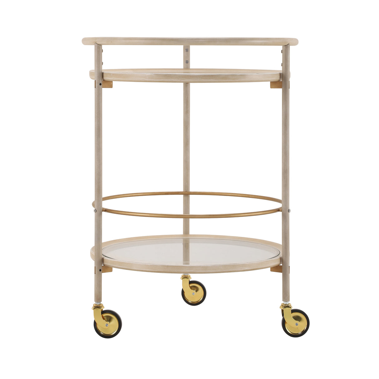 Round Bar Cart with Tempered Glass Shelves and Gold Accents