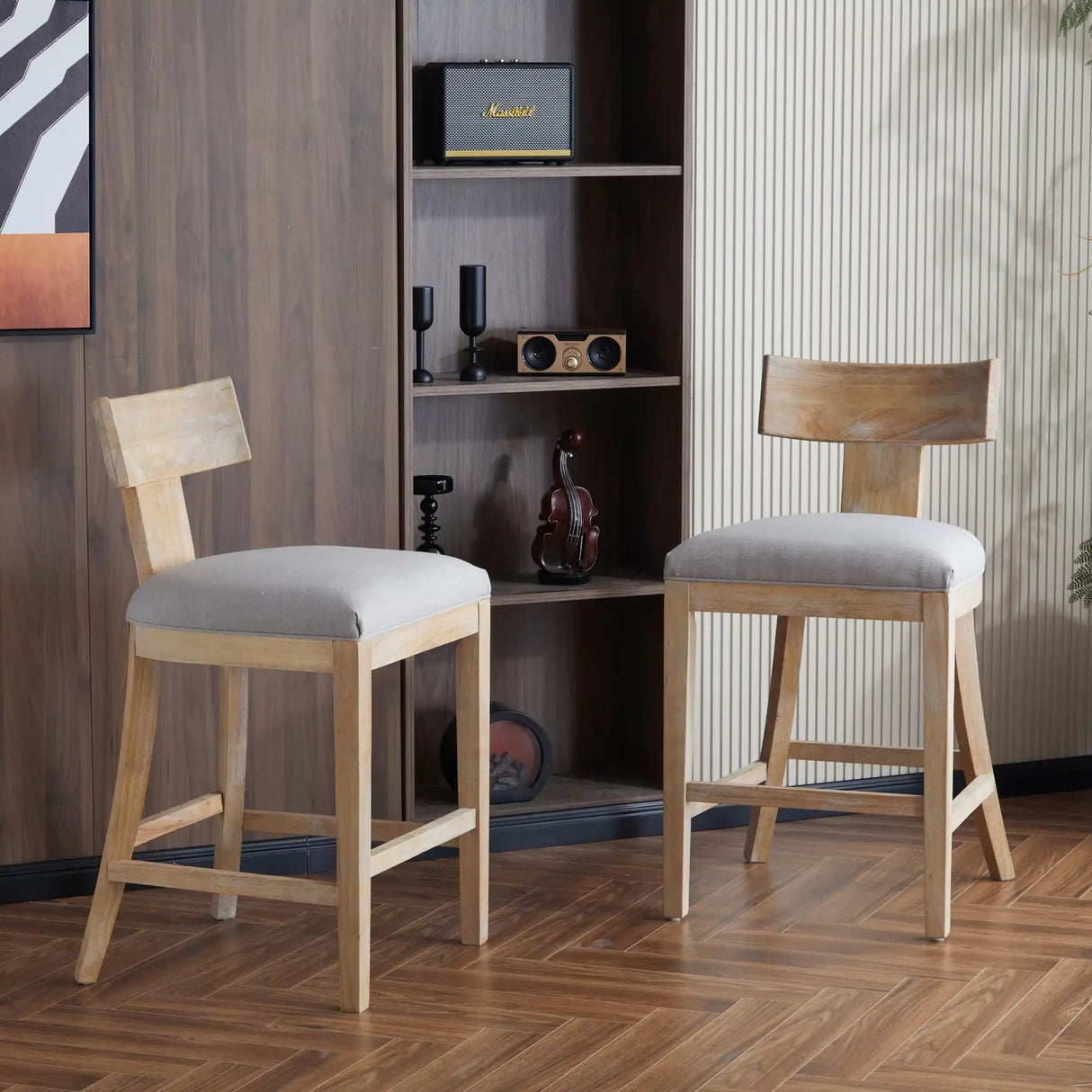 Upholstered Counter Height Bar Stools With Solid Rubber Wood Frame (Set of 2)