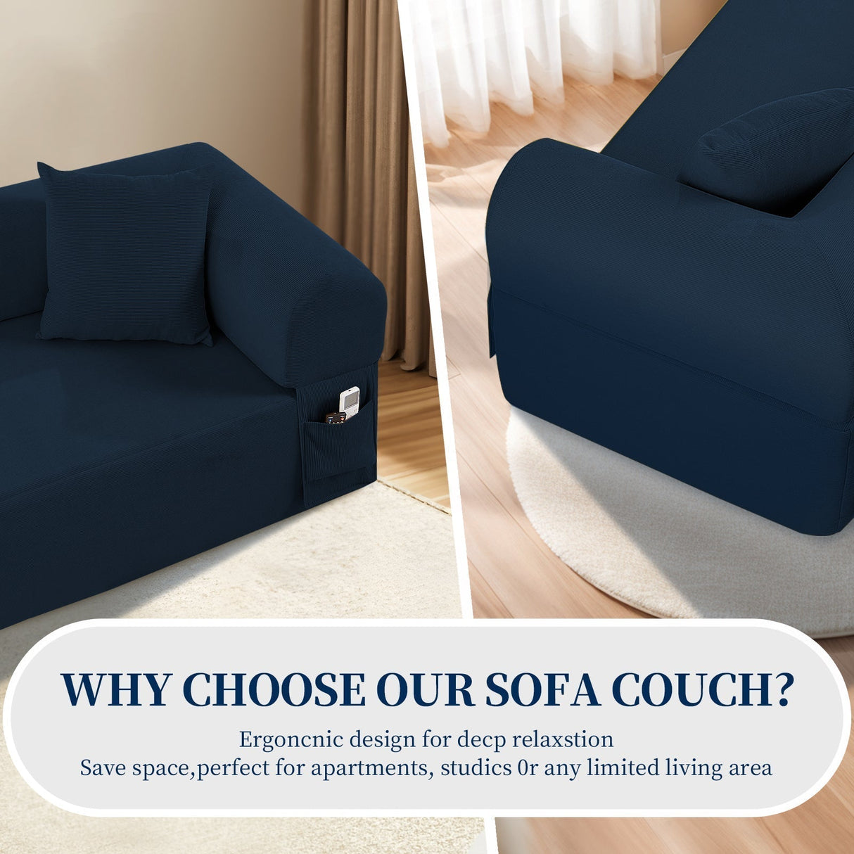 Spring Sofa with High-Quality Fabric, Pillows & Storage - Blue