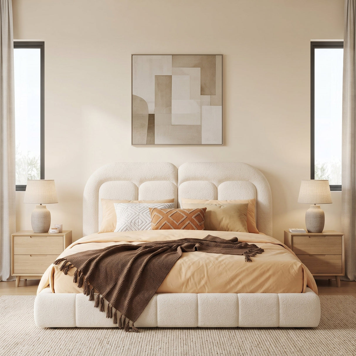 Queen Size Boucle Upholstered Platform Bed with Tufted Headboard