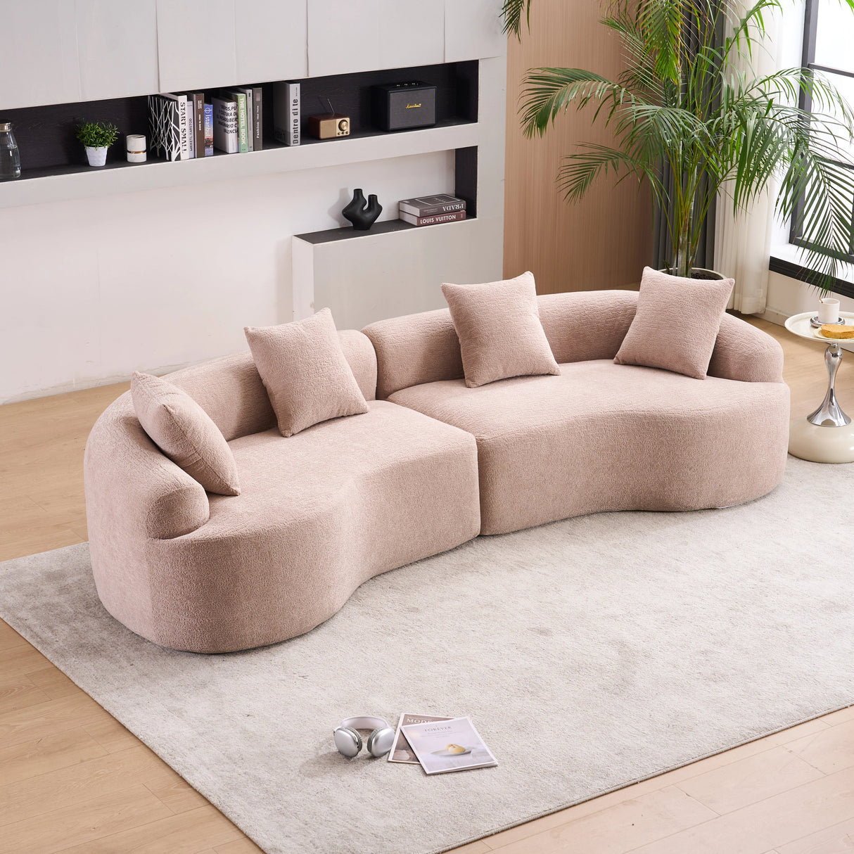 LY-025 Modular Sleeper Sectional Sofa, 4-Seater with Wood Grain Chenille Fabric
