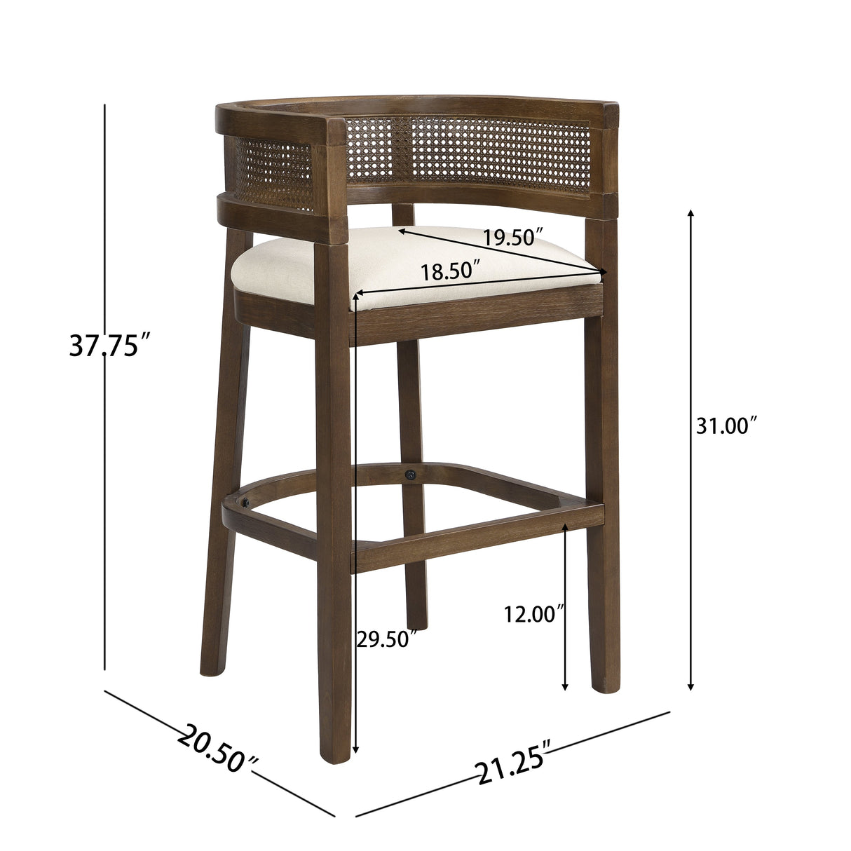 Wood And Rattan Upholstered Arm Bar Stools, Set of 2