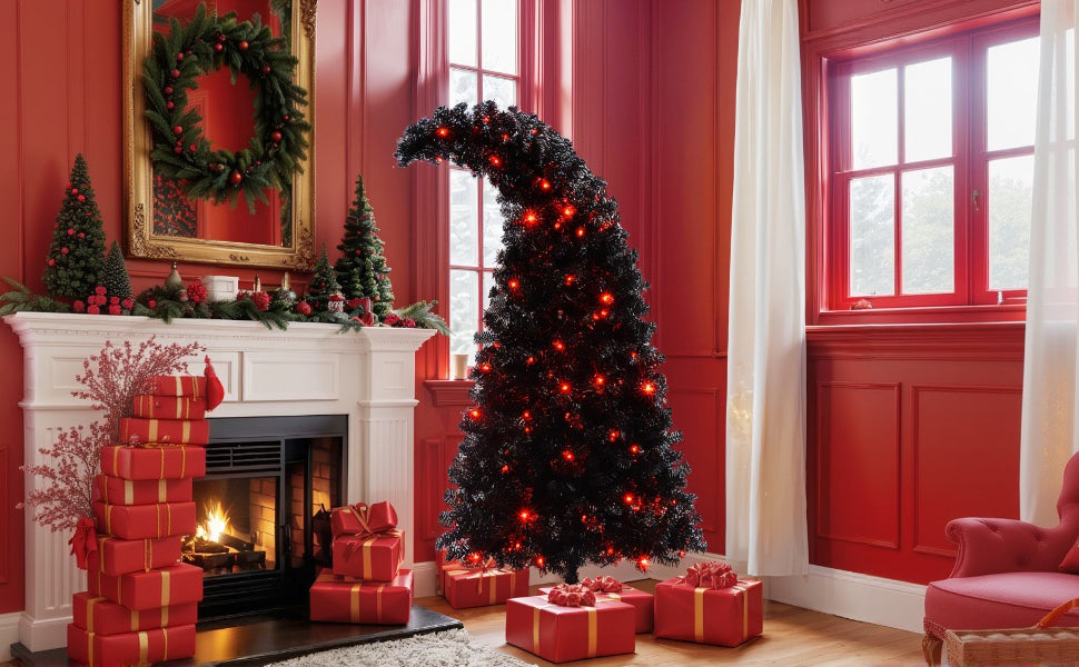 6Ft Curved Hat-Look Black Holiday Tree with Orange & Purple Lights