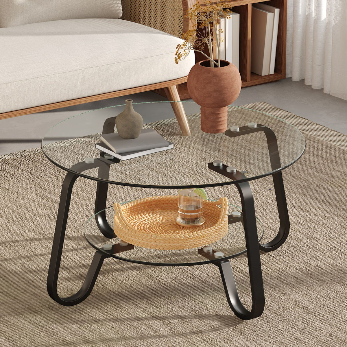 Double Layer Coffee Table with Double-Layer Glass - Pearl Silver, Gold, or Black