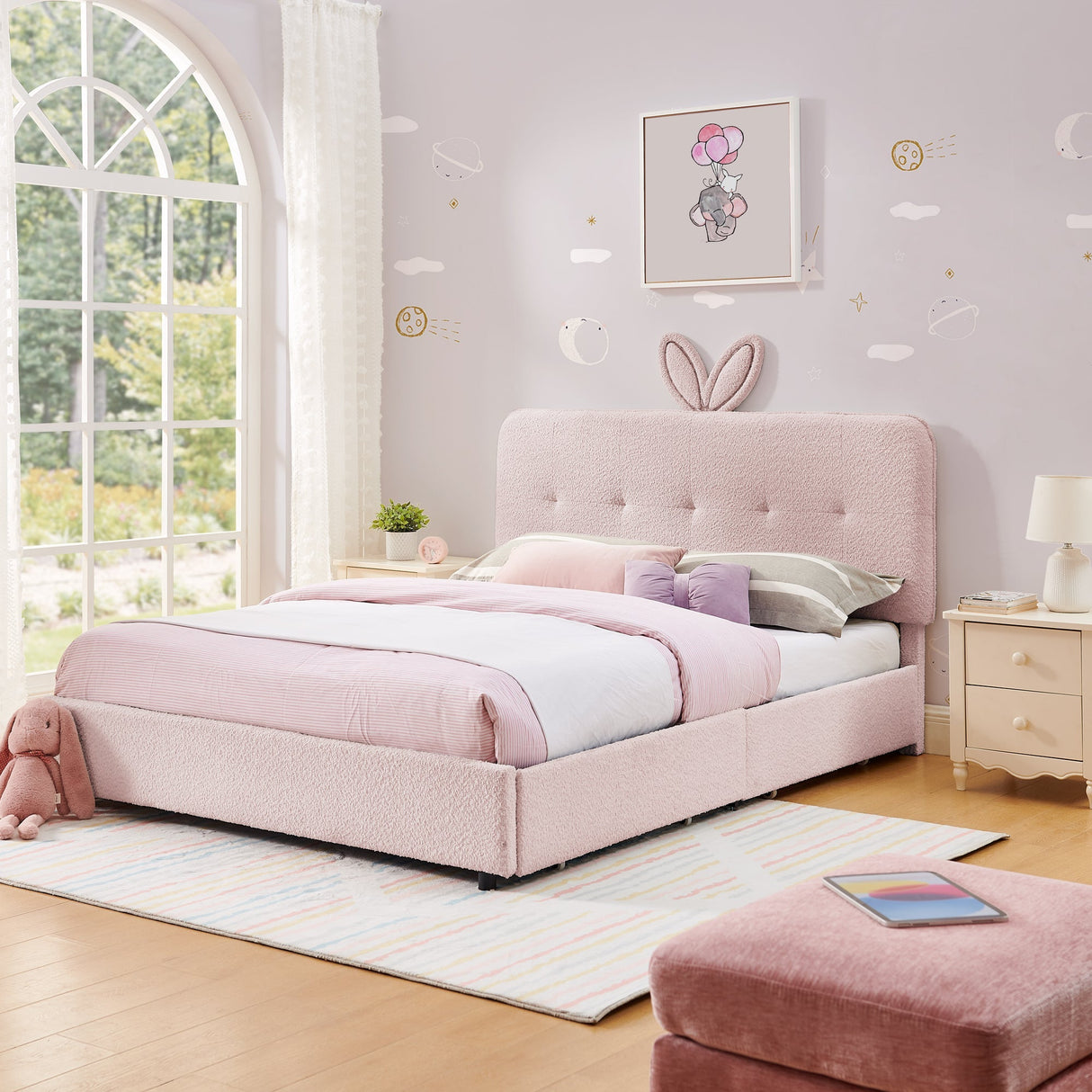 Full Size Kids Upholstered Bed with Oversized Rabbit Ear Headboard, LED Light & 4 Storage Drawers, Boucle Fabric (79.5''X55.75''X41'')