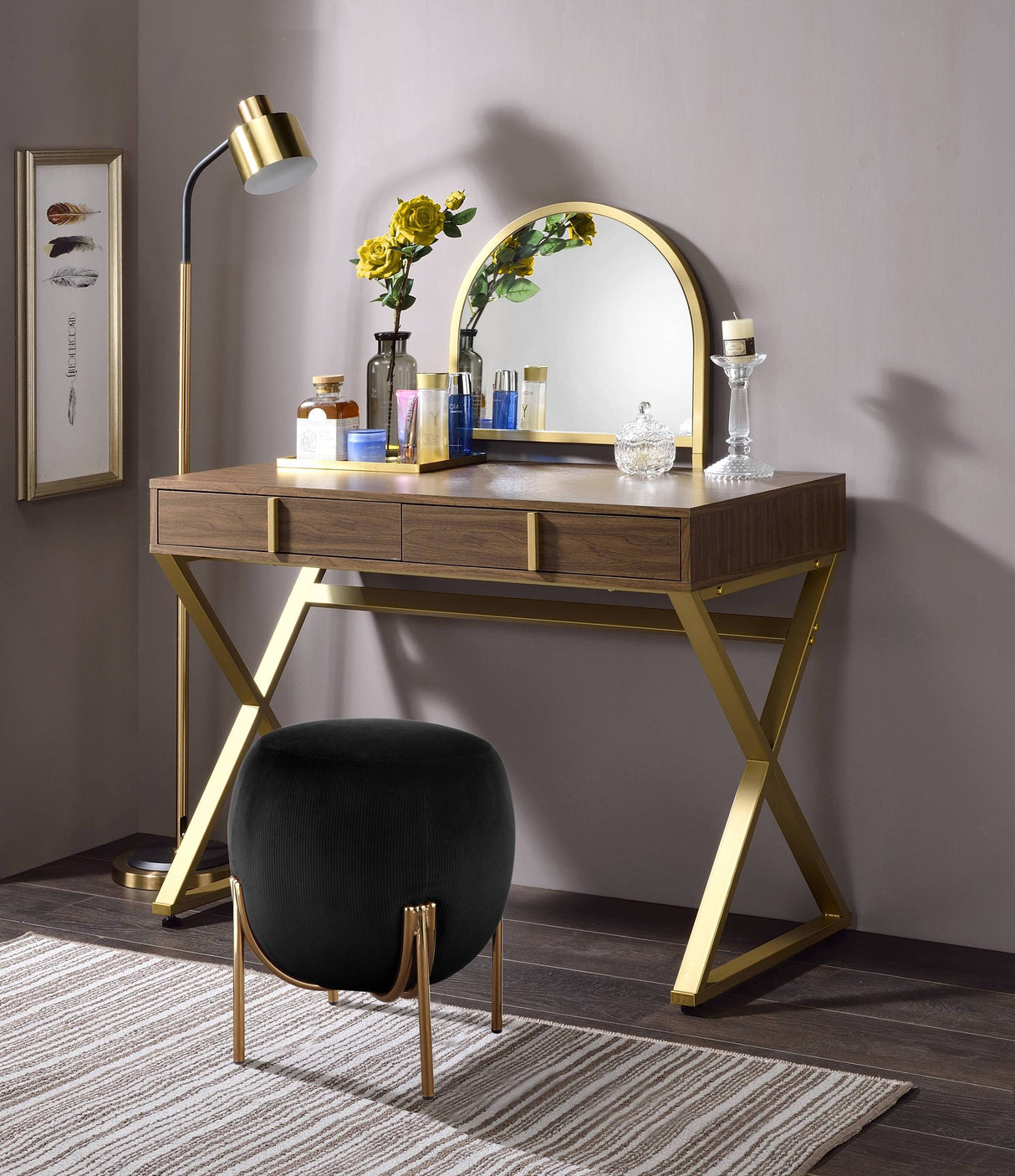Coleen-Walnut-&-Gold-Finish-Vanity-Desk-W/Mirror-&-Jewelry-Tray-Vanity