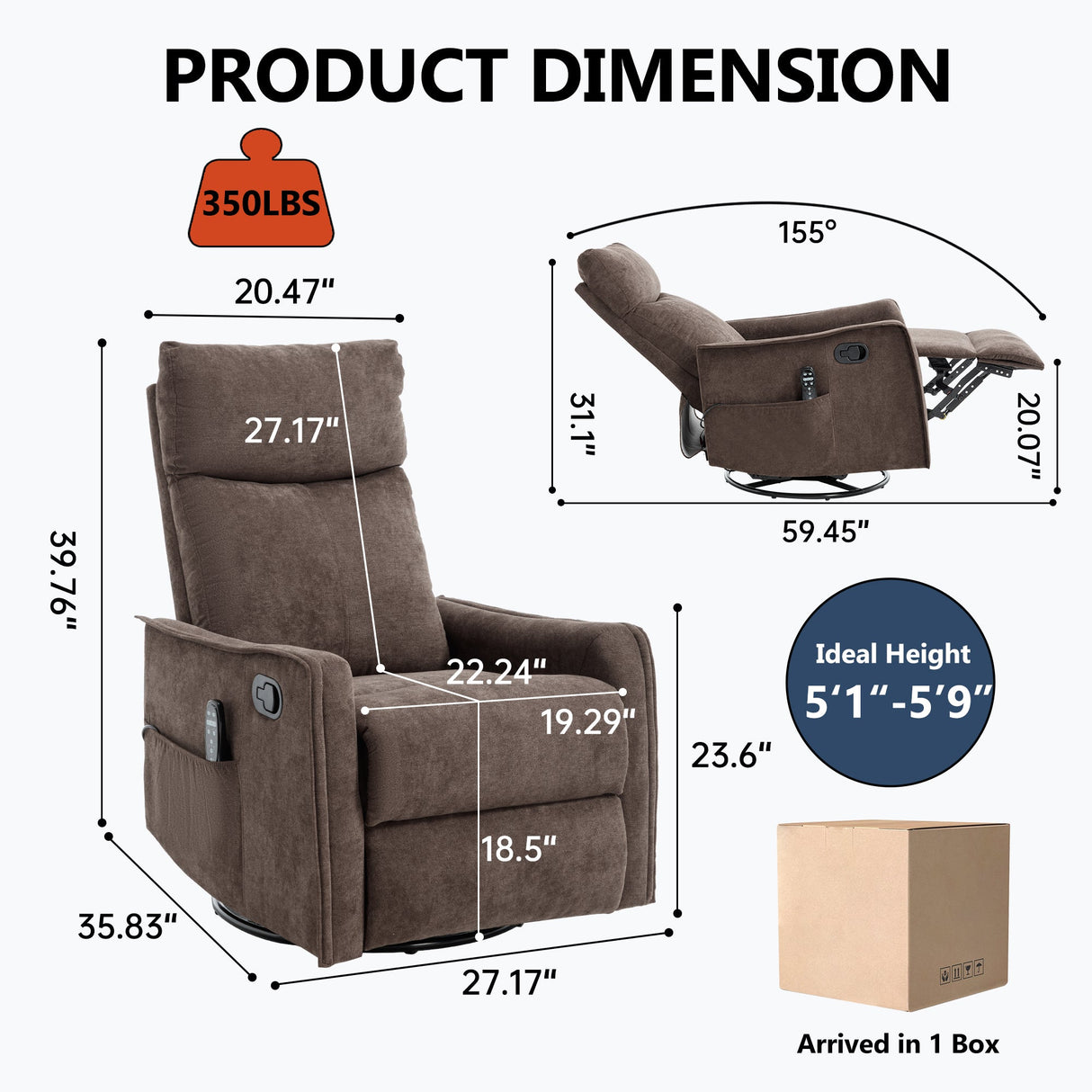Heat Massage Manual Recliner Chair with Rocker and Swivel in Fabric