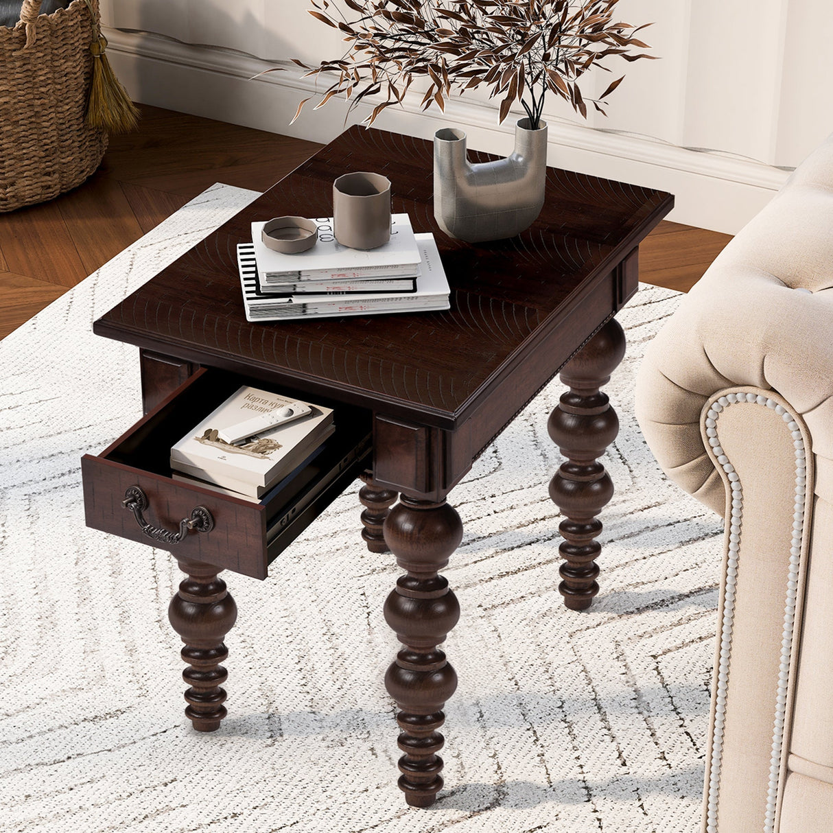Solid Wood End Table with Drawer Espresso