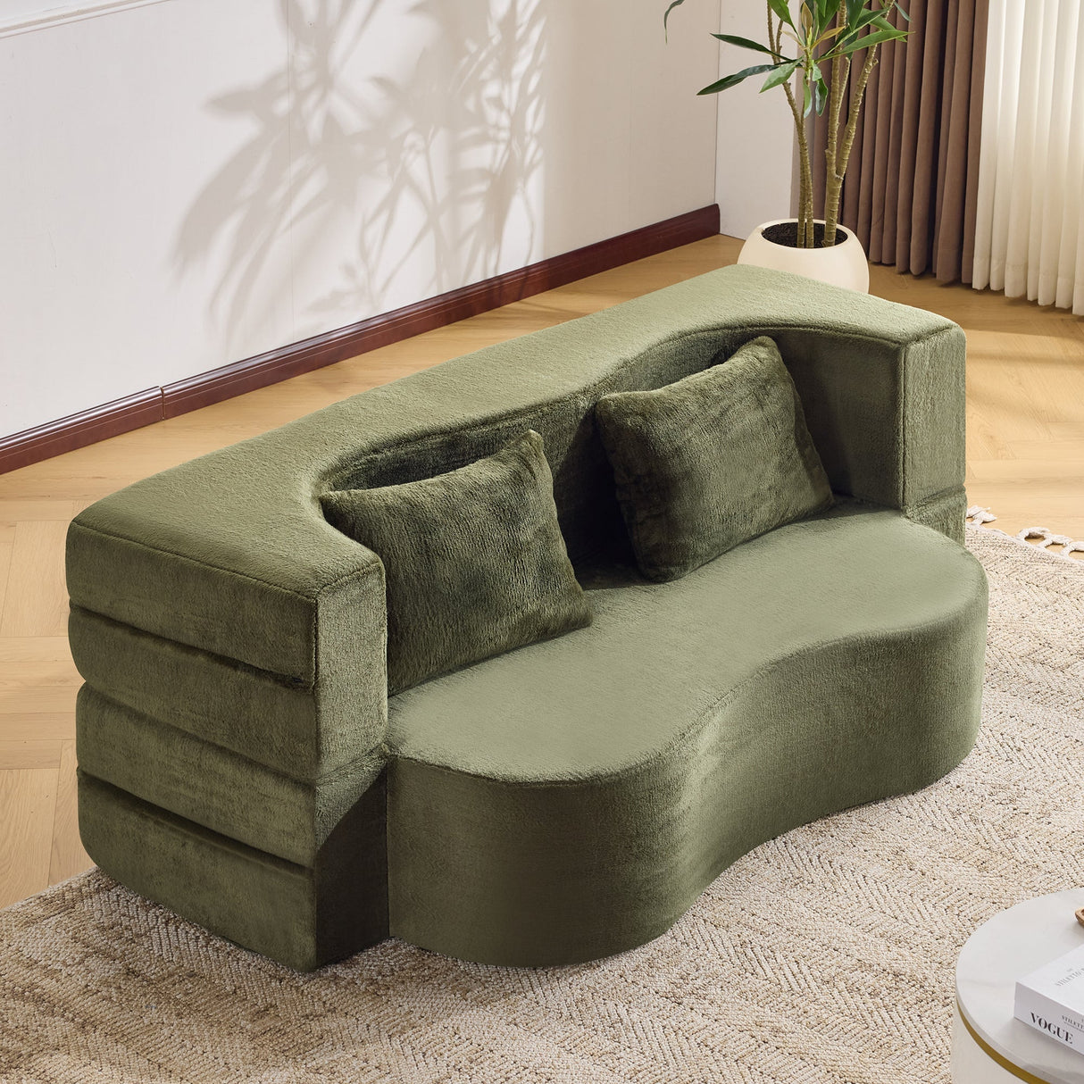 71-Inch Folding Sofa Bed in Green Plush Faux Fur