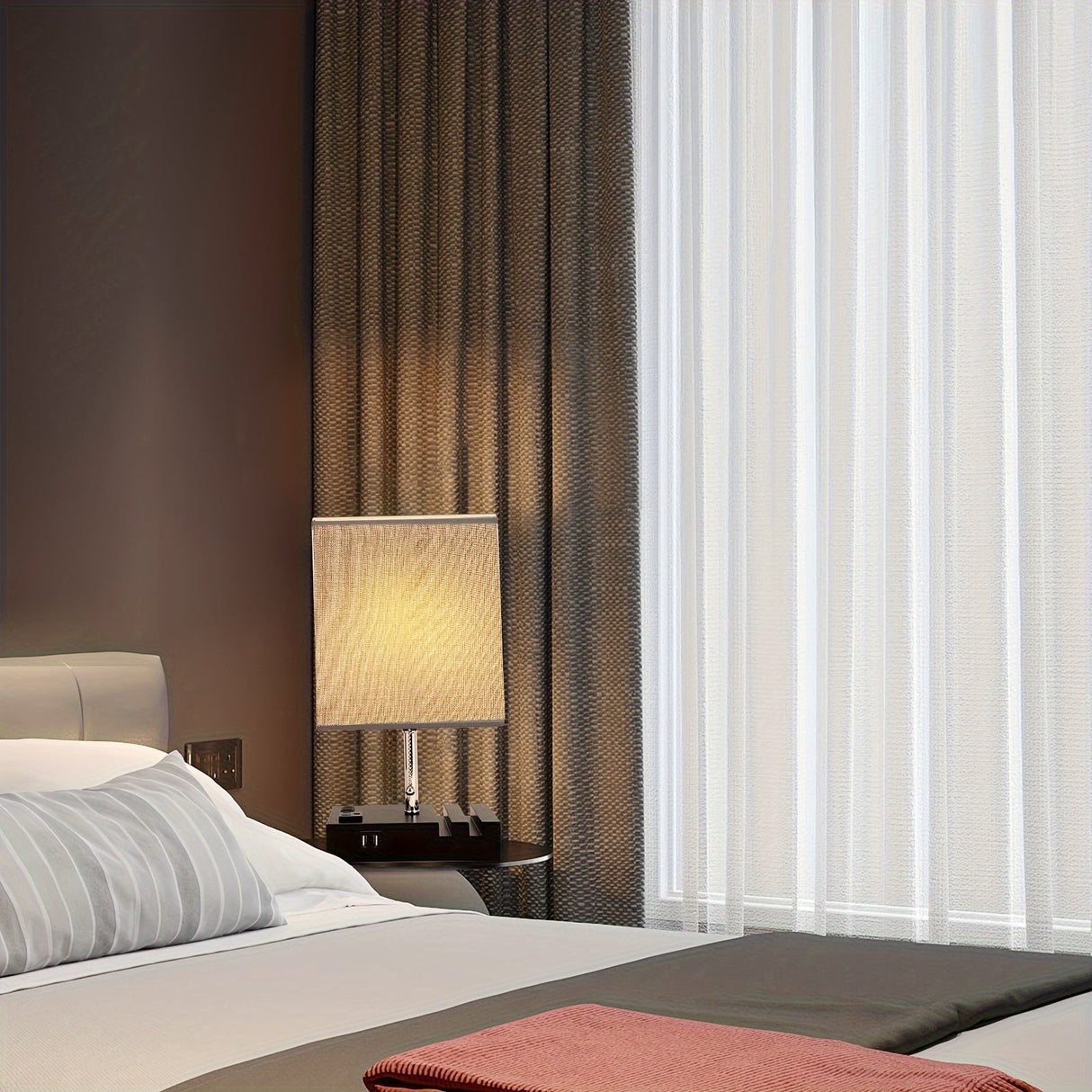 USB Table Lamp with AC Outlet – 3 Color Bedside Lamp with Fabric Shade & Bulb