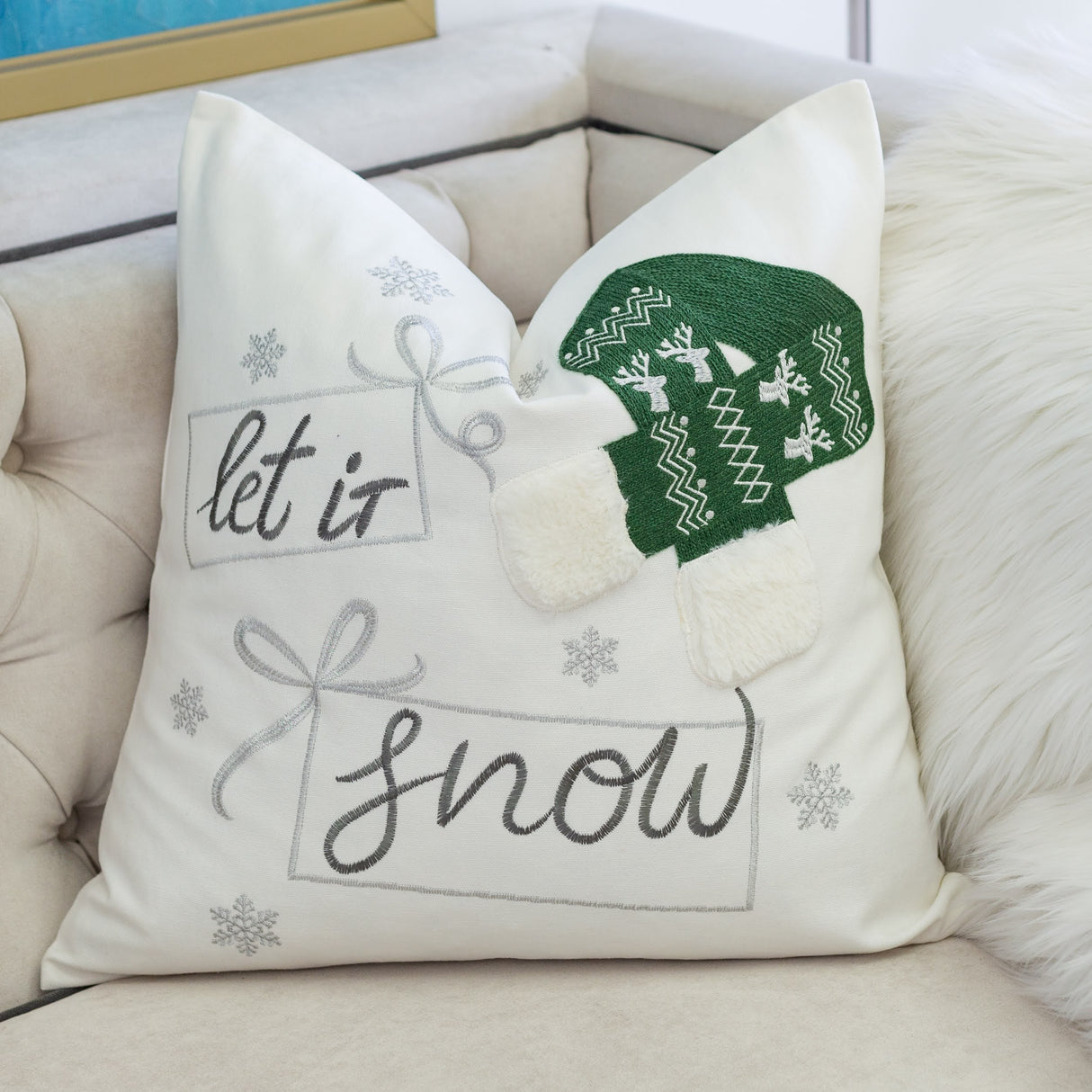 Let-It-Snow-Christmas-Throw-Pillow-–-20x20'-Square-Cotton-Cushion-with-Green-Knit-Hat-Design-and-Insert-Throw-Pillows