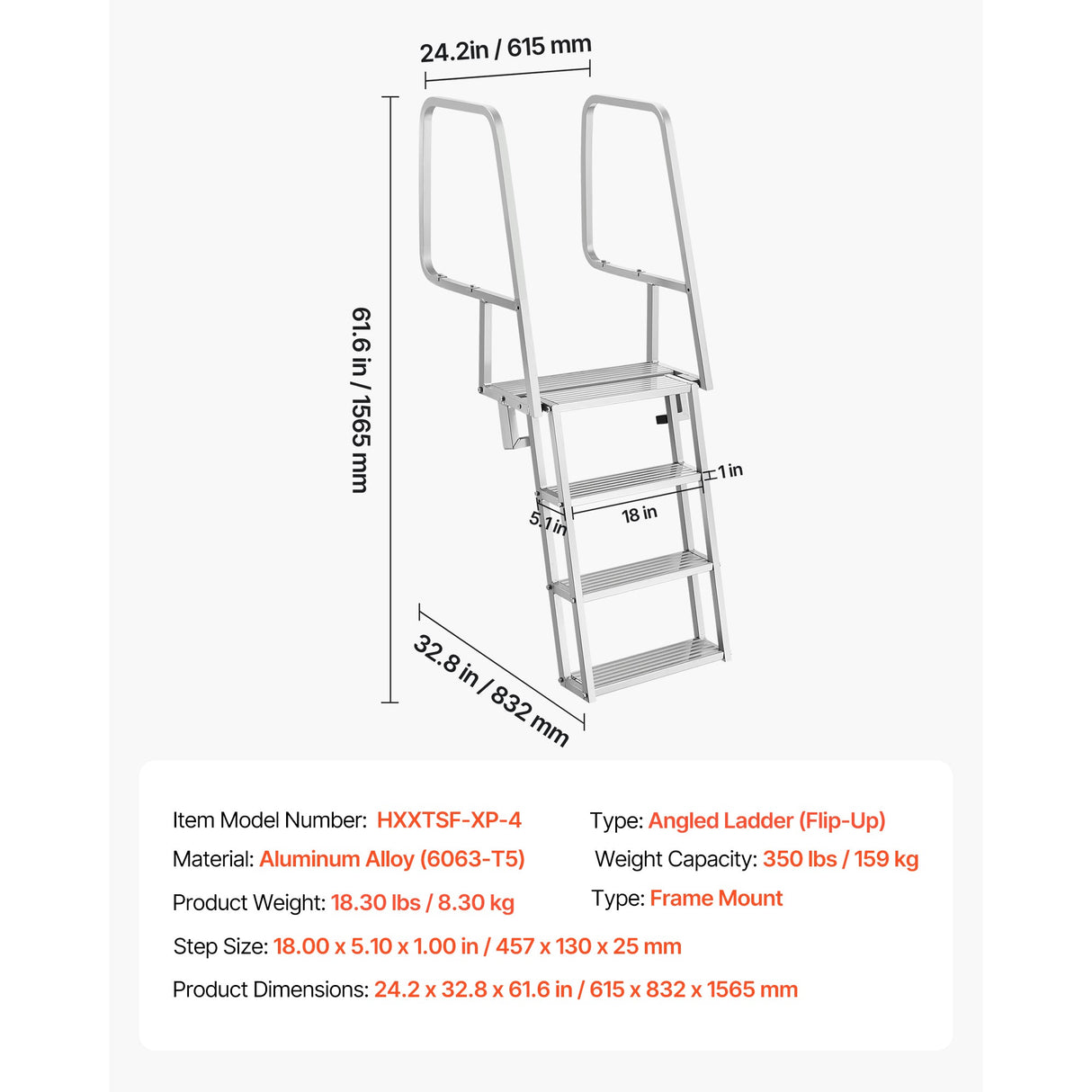 Flip-Up Dock Ladder, 4-Step, Heavy-Duty Aluminum Alloy Pontoon Boat Swim Ladder