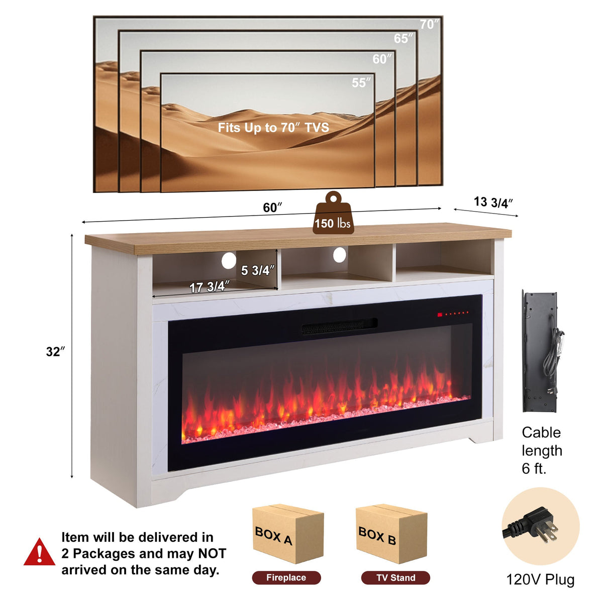 60 Inch Fireplace TV Stand for TVs Up to 70" with 50" Smart Electric Fireplace