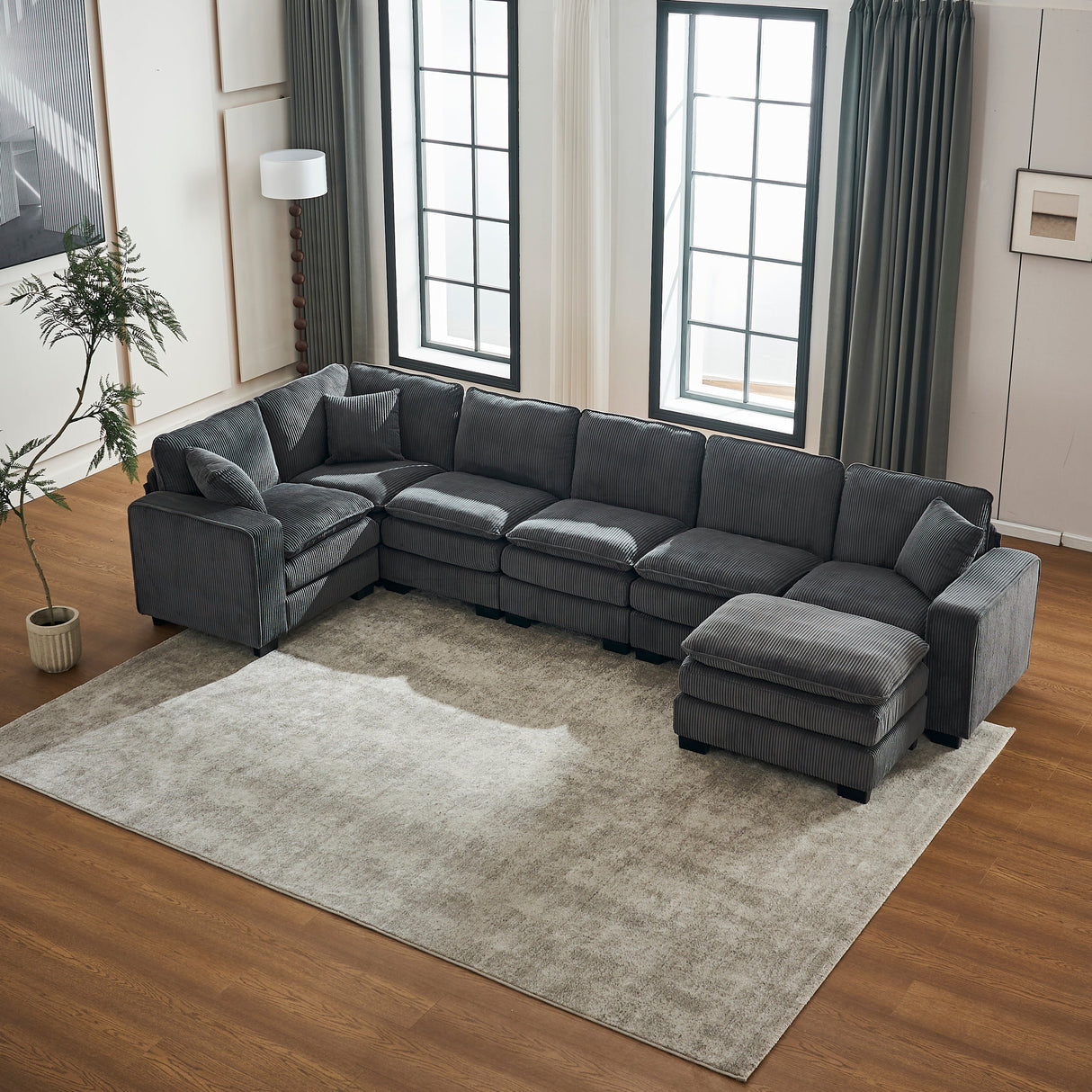 Modern U Shaped 6-Seat Sectional Sofa Couch with Ottoman
