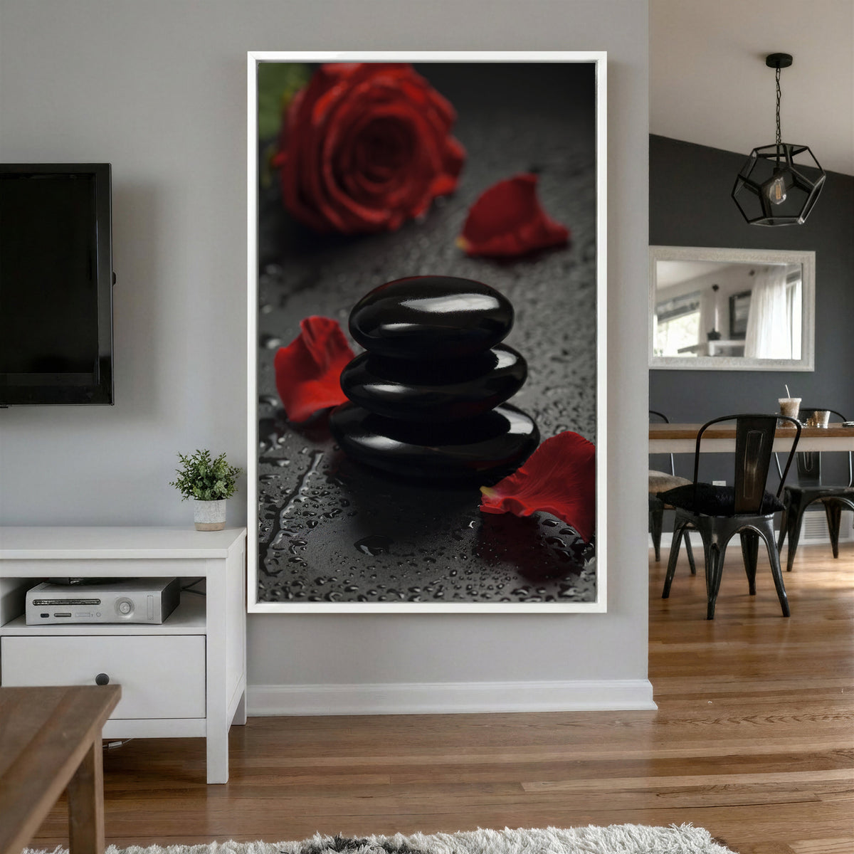Black Lava Stone Rose Canvas | Red Rose Spa Photography