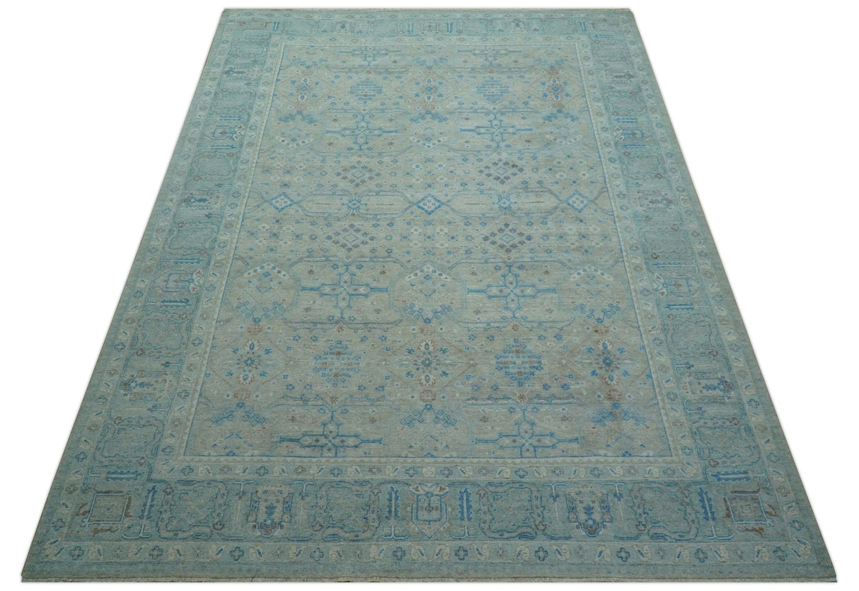Distressed Design Silver And Beige Hand Knotted 10x14 Wool Area Rug
