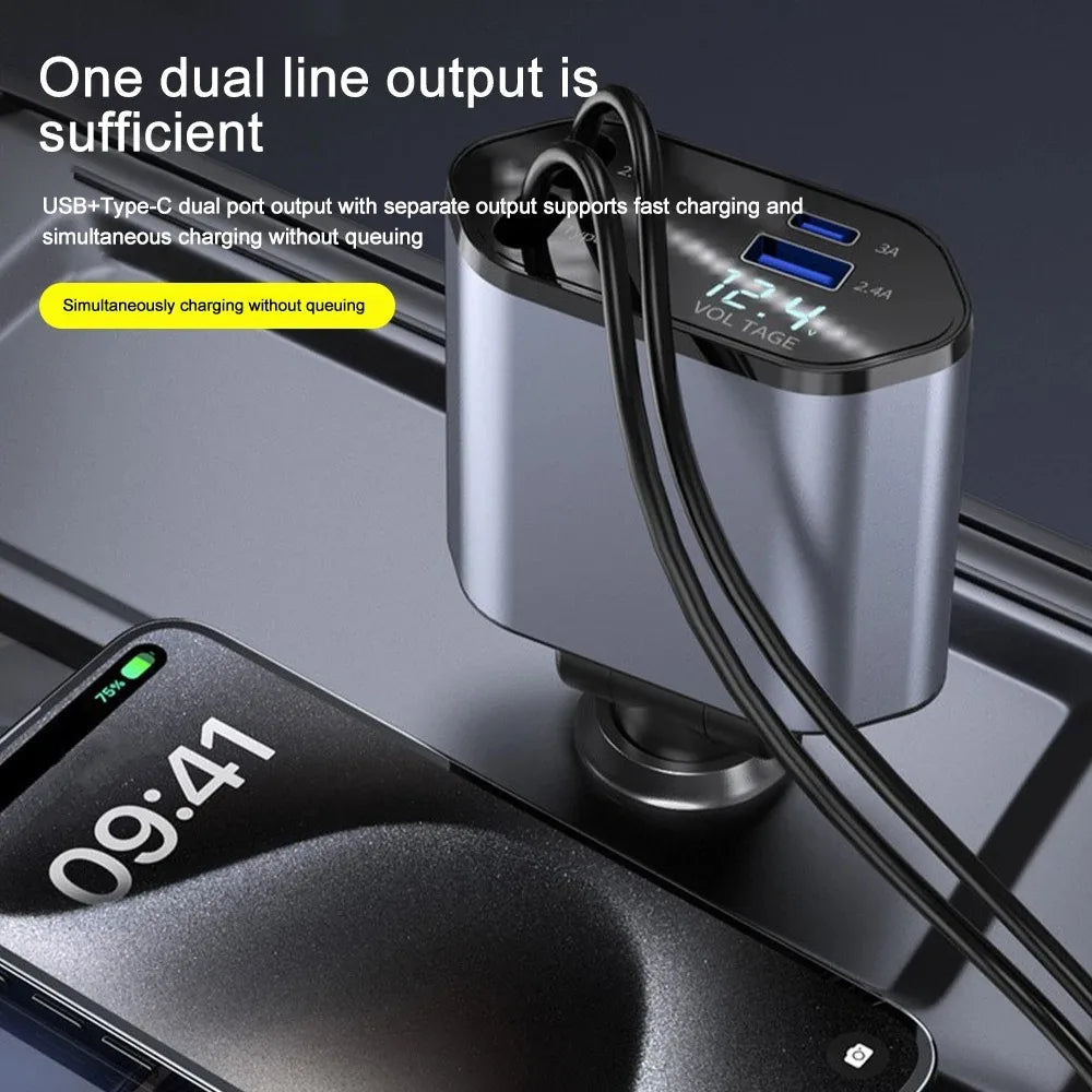 120W Car Charger Retractable Cable USB & USB-C Fast Charging Car Adapter