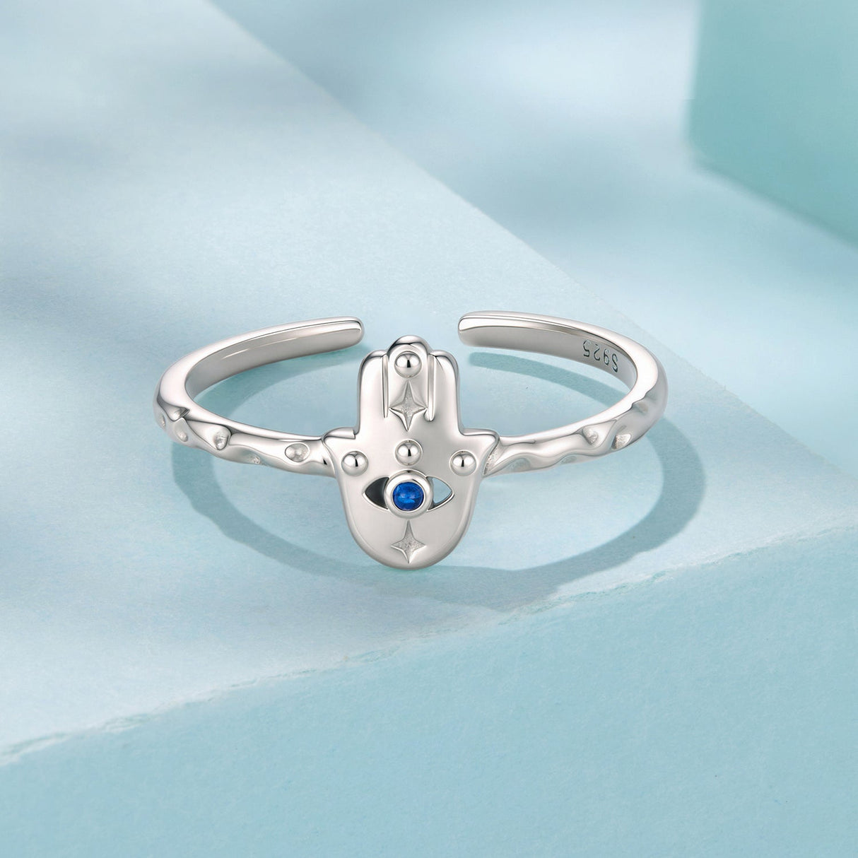 925 Sterling Silver Hamsa Hand Ring with Synthetic Spinel for Women